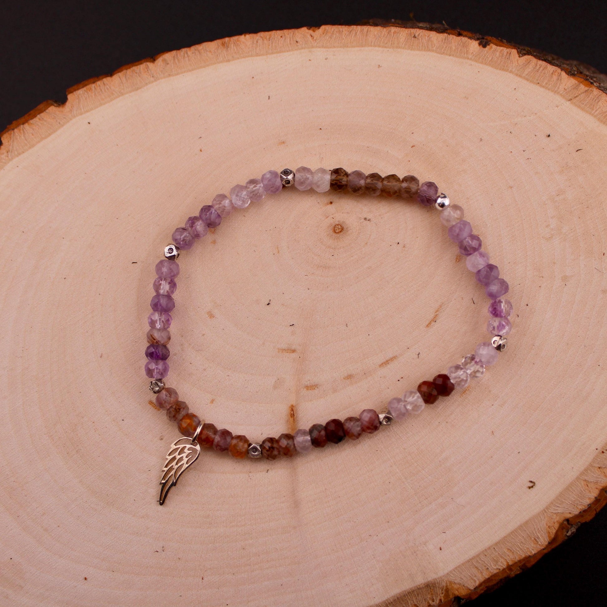 Stretch Auralite 23 Bracelet with Angel Wing Sterling Silver Charm, Cacoxenite Gemstone Bracelet, Rare Beaded Gemstone Bracelet Jewelry
