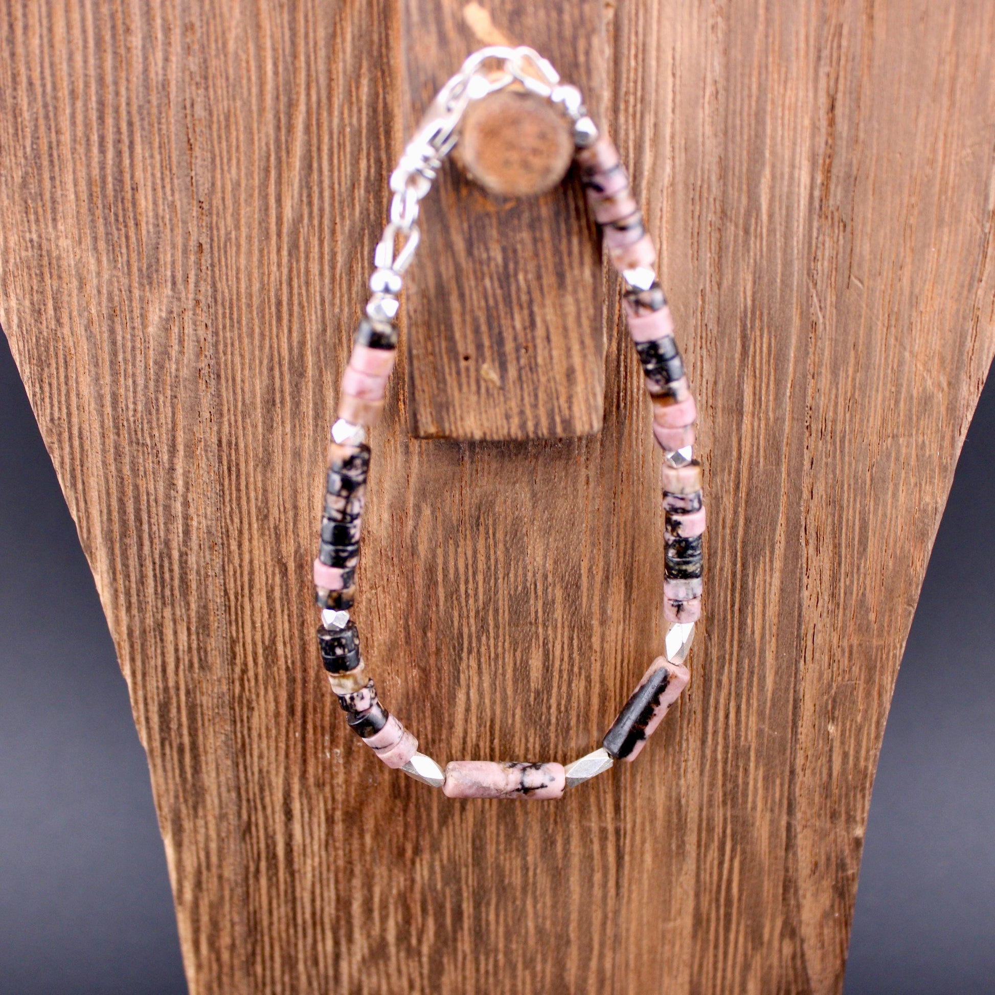 Black Pink Rhodonite and Sterling Silver Bracelet, Gemstone Beaded Bracelet, Handmade Jewelry, Unique Gemstone Bracelet