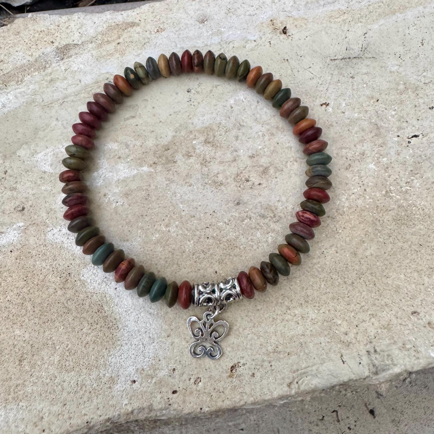 Stretch Picasso Red Creek Jasper Bracelet with Sterling Silver Butterfly Charm, Stretch Bracelet, Natural Gemstone Jewelry, Handmade Gift