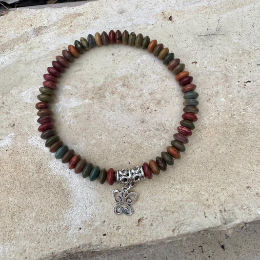 Stretch Picasso Red Creek Jasper Bracelet with Sterling Silver Butterfly Charm, Stretch Bracelet, Natural Gemstone Jewelry, Handmade Gift