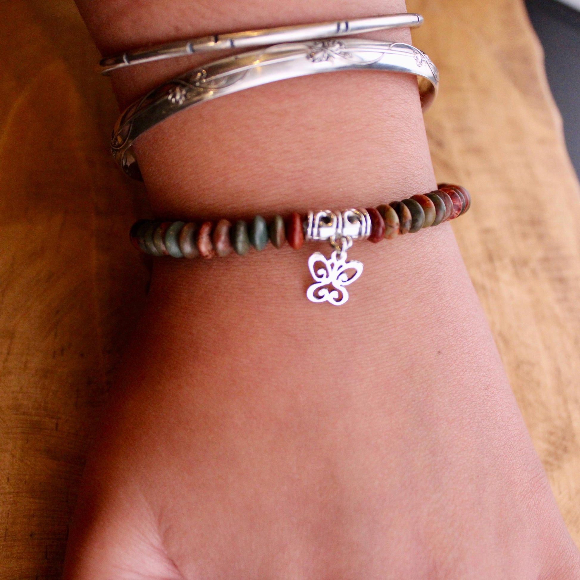Stretch Picasso Red Creek Jasper Bracelet with Sterling Silver Butterfly Charm, Stretch Bracelet, Natural Gemstone Jewelry, Handmade Gift