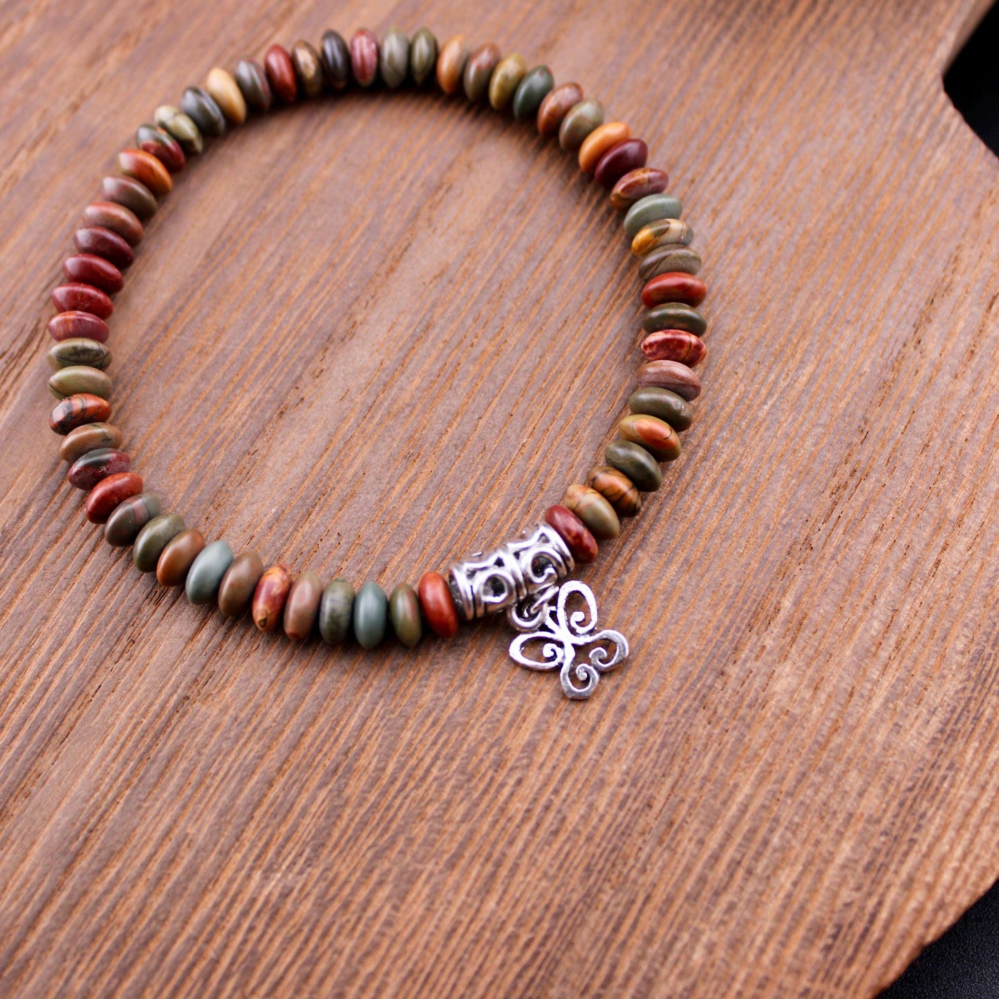 Stretch Picasso Red Creek Jasper Bracelet with Sterling Silver Butterfly Charm, Stretch Bracelet, Natural Gemstone Jewelry, Handmade Gift