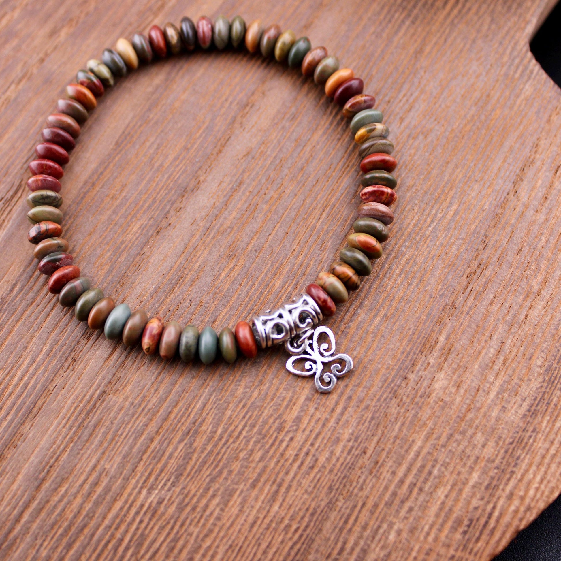 Stretch Picasso Red Creek Jasper Bracelet with Sterling Silver Butterfly Charm, Stretch Bracelet, Natural Gemstone Jewelry, Handmade Gift
