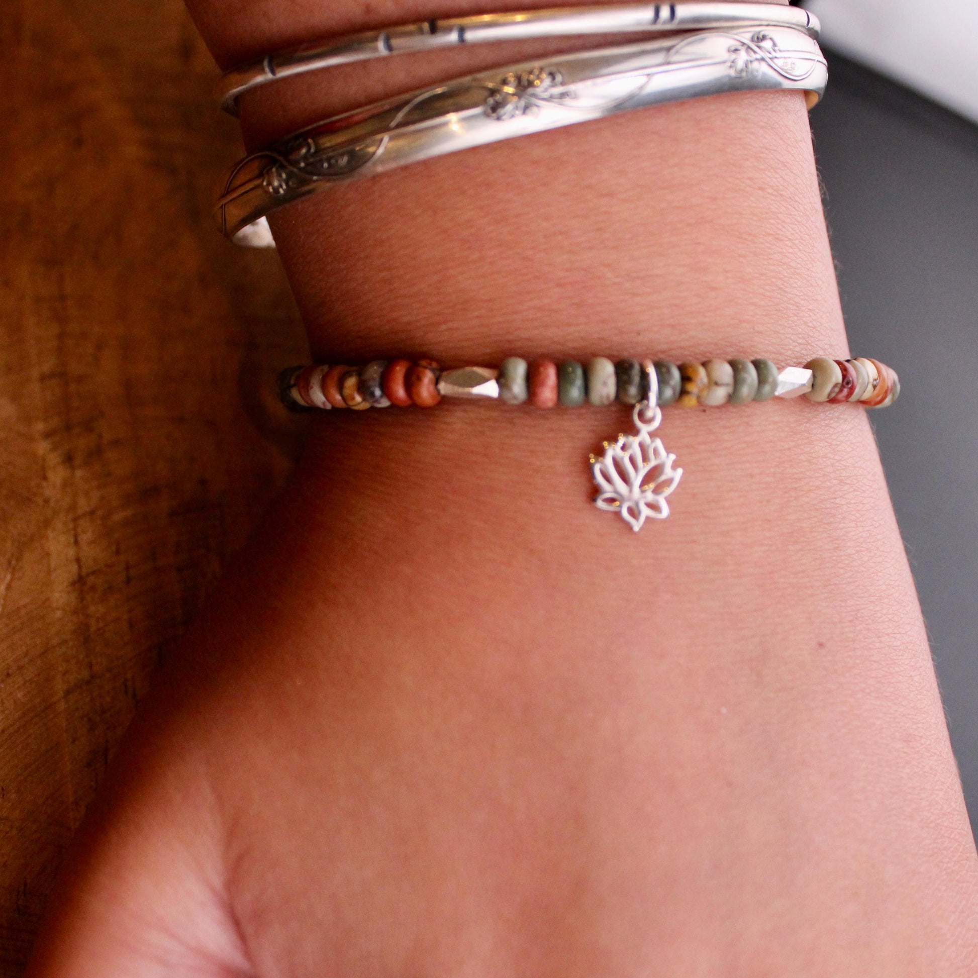Sterling Silver Red Creek Picasso Jasper Gemstone Bracelet with Lotus Flower Charm, Sterling Silver Beaded Charm Bracelet