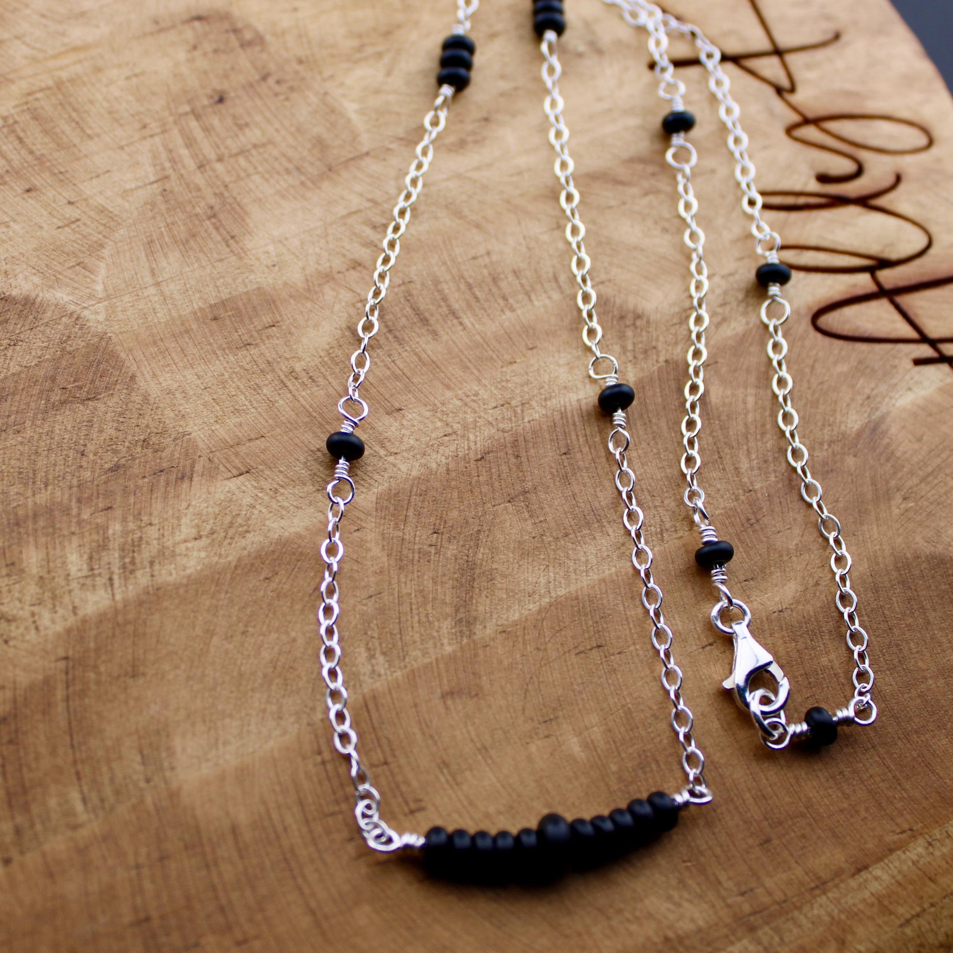 Sterling Silver Cable Chain with Black Onyx Bar Gemstone Spacer Necklace, Onyx Jewelry, Unique Gemstone Beaded Chain Necklace