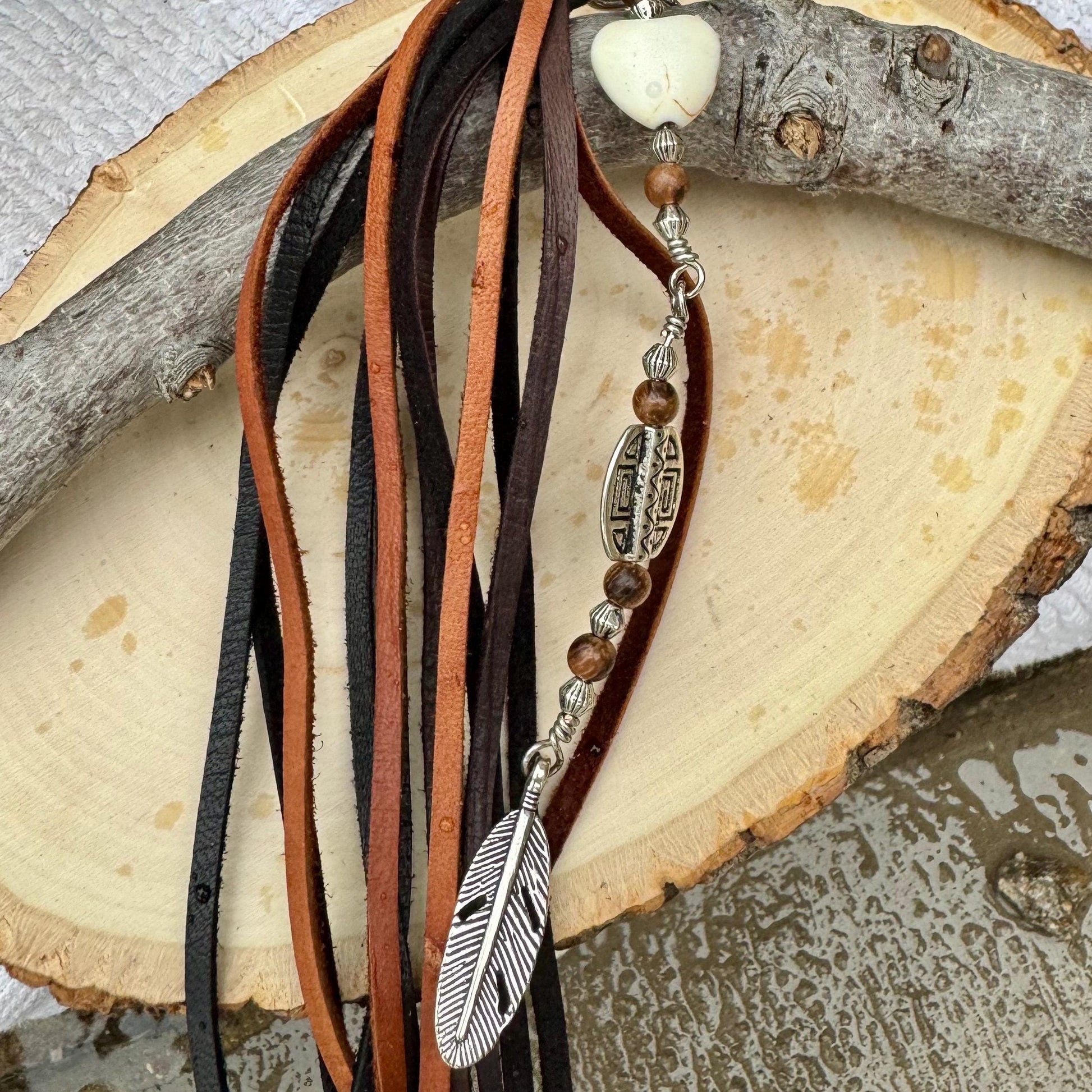 Tribal Oval Charm, White Turquoise Magnesite Heart Leather Purse Tassel, Southwest Purse Tassel, Heart Keychain, Leather Handbag Accessory