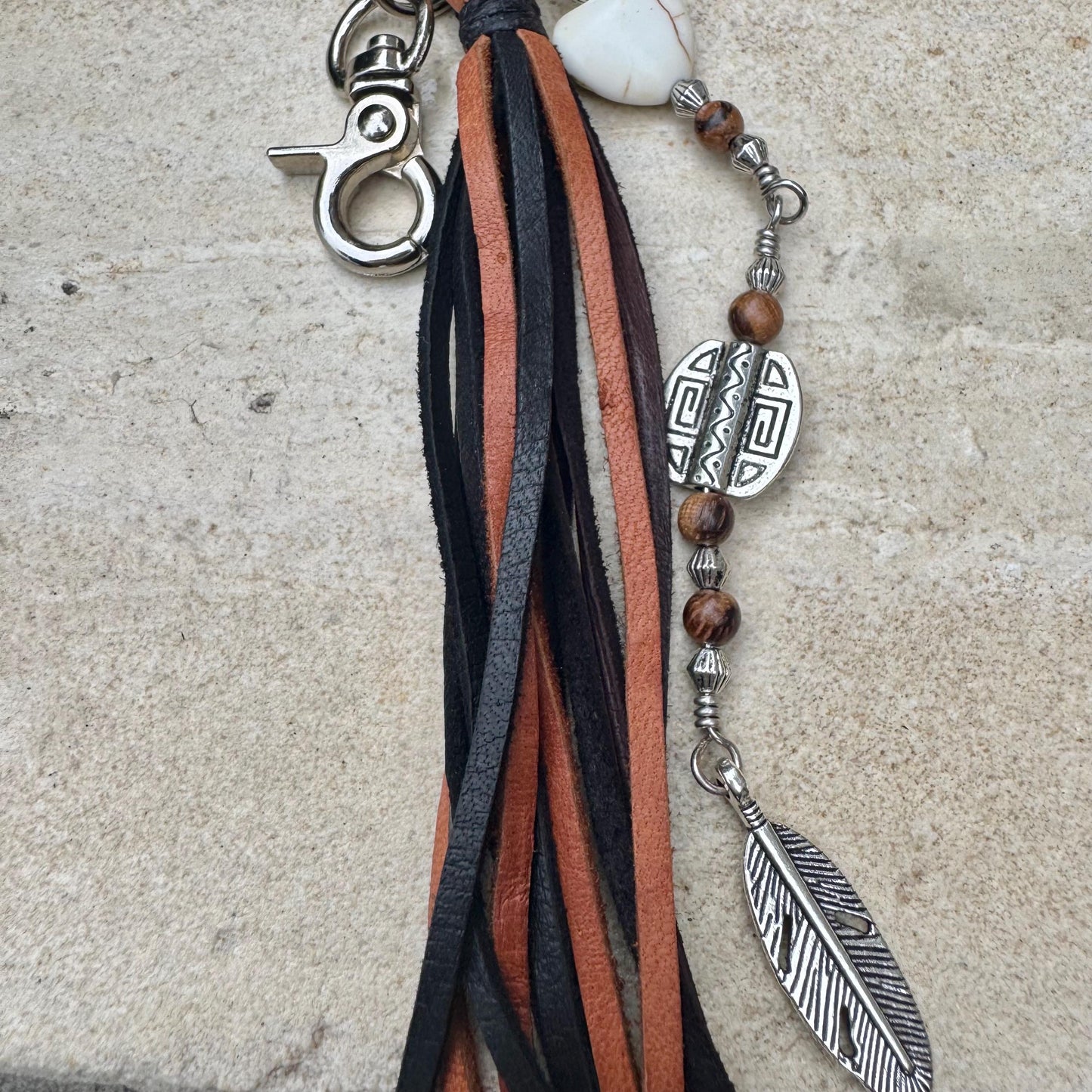 Tribal Oval Charm, White Turquoise Magnesite Heart Leather Purse Tassel, Southwest Purse Tassel, Heart Keychain, Leather Handbag Accessory