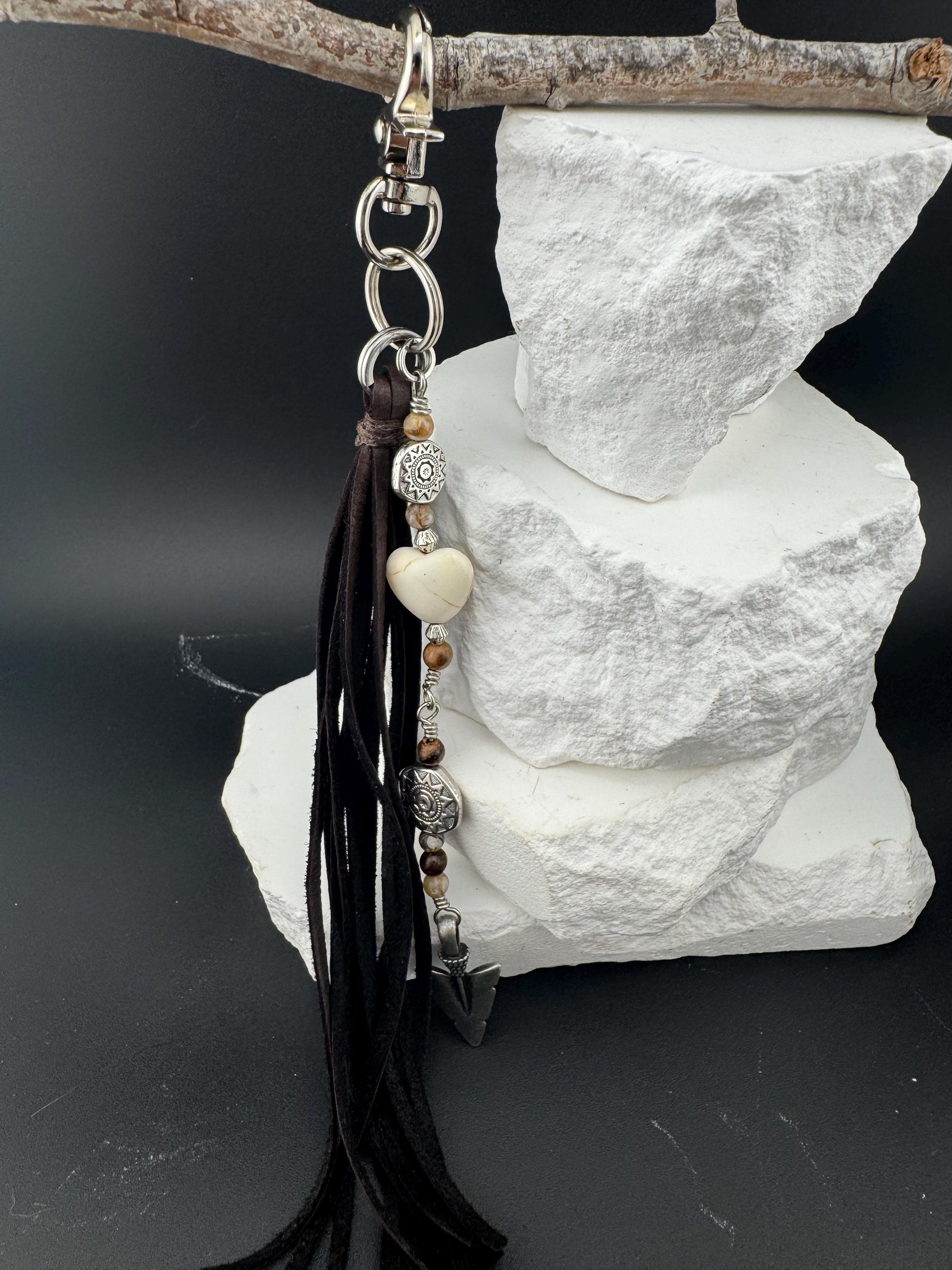 Tribal Sun Charm, White Turquoise Magnesite Heart Leather Purse Tassel, Southwestern Tassel, Heart Keychain, Leather Handbag Accessory