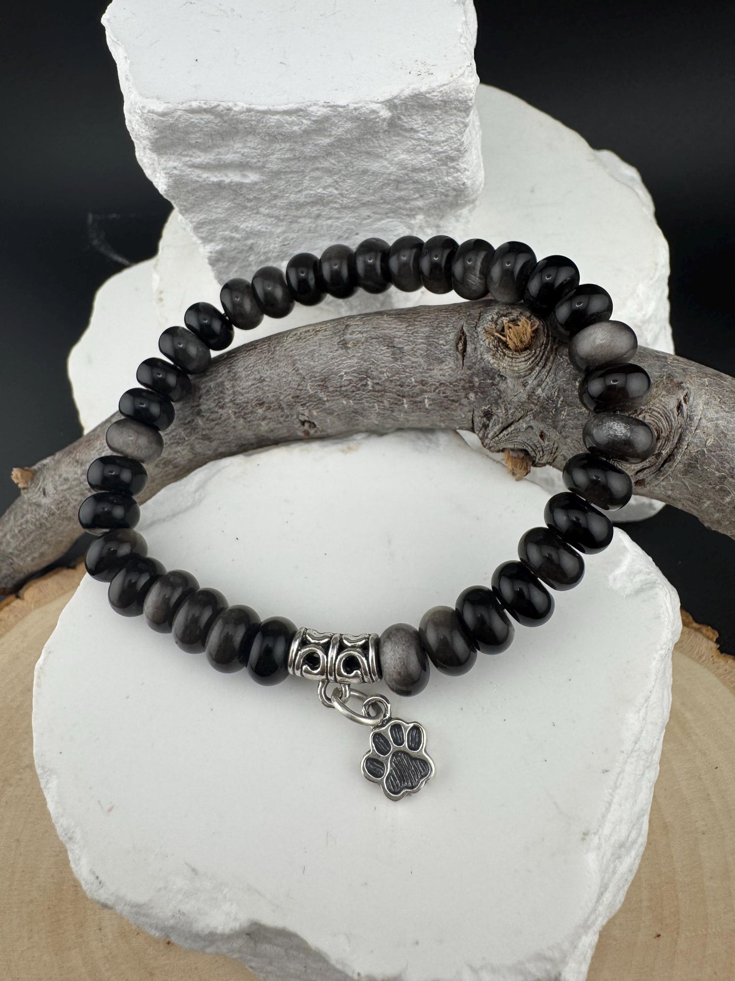 Stretch Obsidian Gemstone Bracelet with Sterling Silver Paw Print Charm, Stretch Bracelet, Pet Lover's Jewelry, Handmade Gift