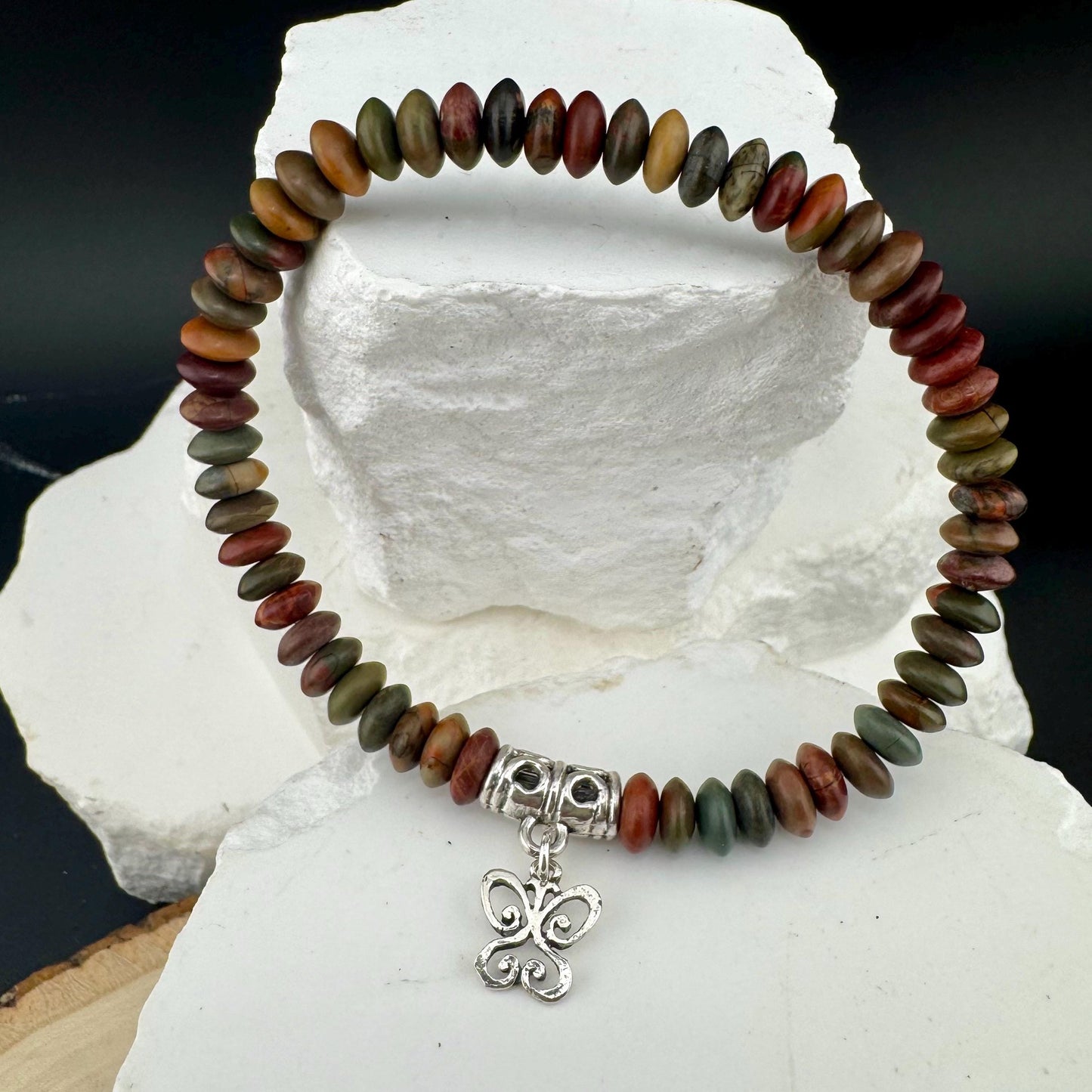 Stretch Picasso Red Creek Jasper Bracelet with Sterling Silver Butterfly Charm, Stretch Bracelet, Natural Gemstone Jewelry, Handmade Gift