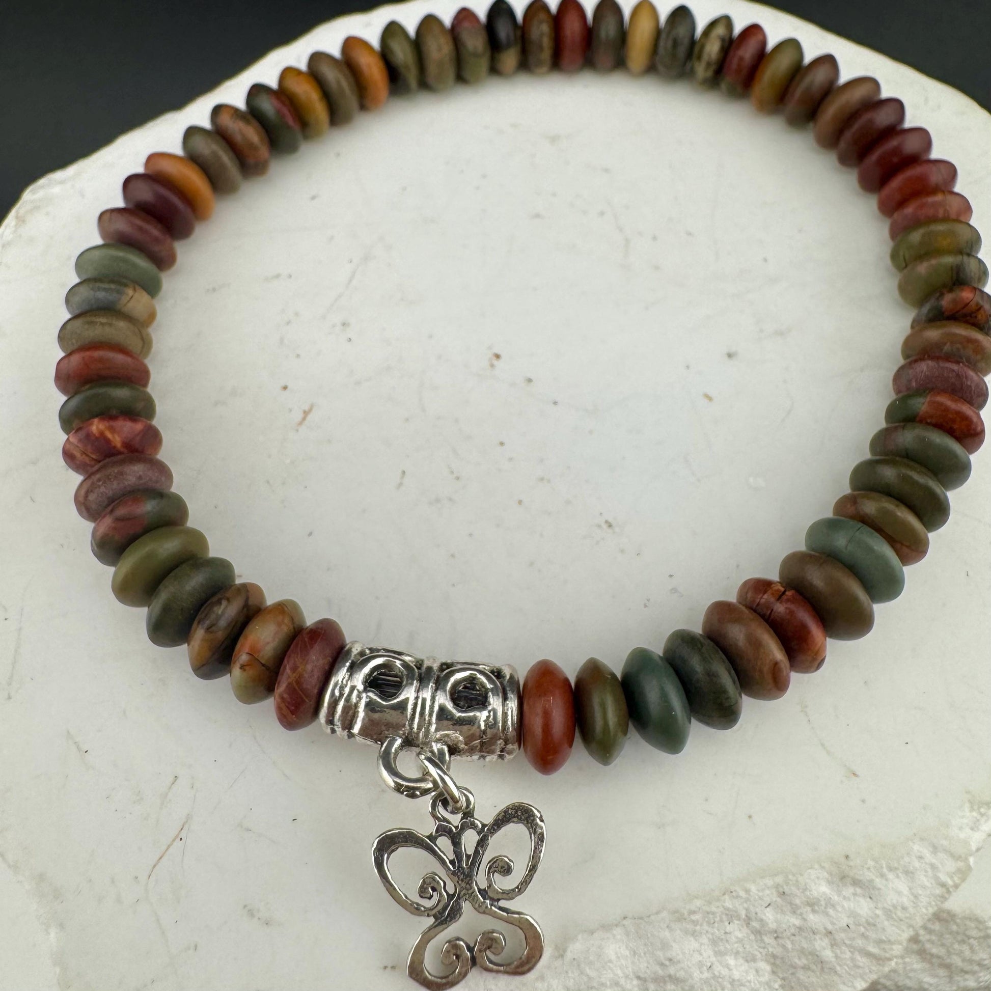Stretch Picasso Red Creek Jasper Bracelet with Sterling Silver Butterfly Charm, Stretch Bracelet, Natural Gemstone Jewelry, Handmade Gift