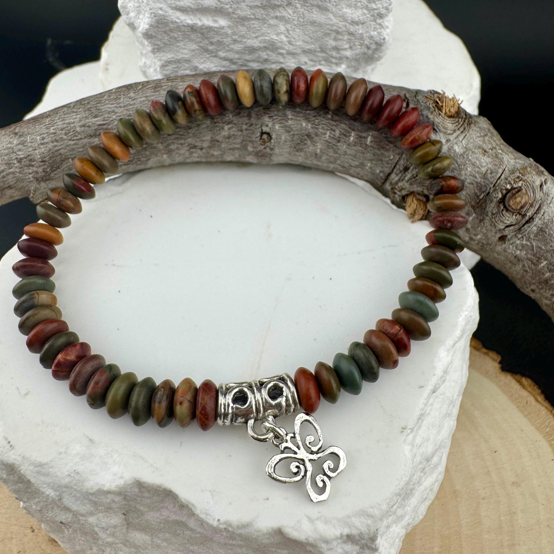 Stretch Picasso Red Creek Jasper Bracelet with Sterling Silver Butterfly Charm, Stretch Bracelet, Natural Gemstone Jewelry, Handmade Gift