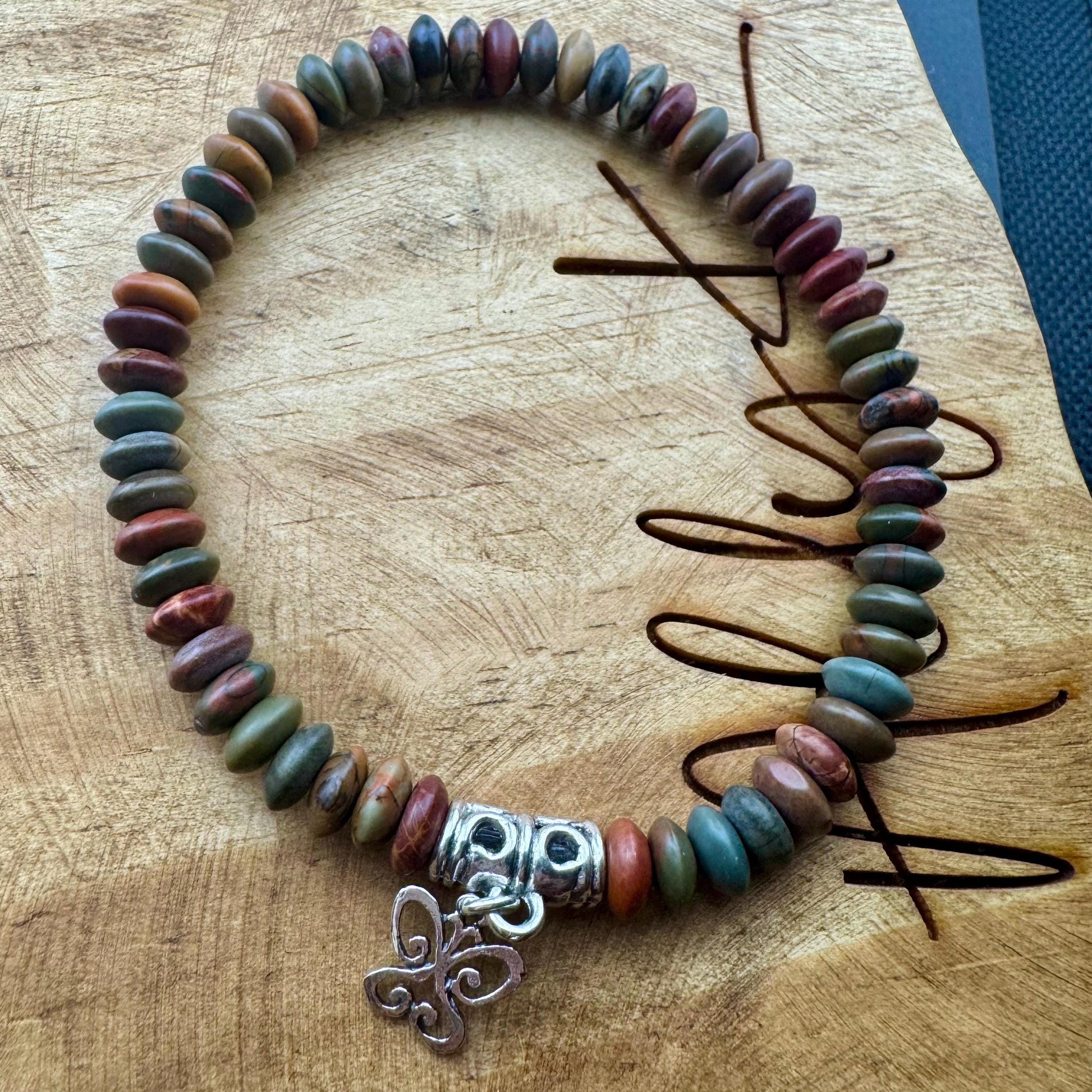 Stretch Picasso Red Creek Jasper Bracelet with Sterling Silver Butterfly Charm, Stretch Bracelet, Natural Gemstone Jewelry, Handmade Gift