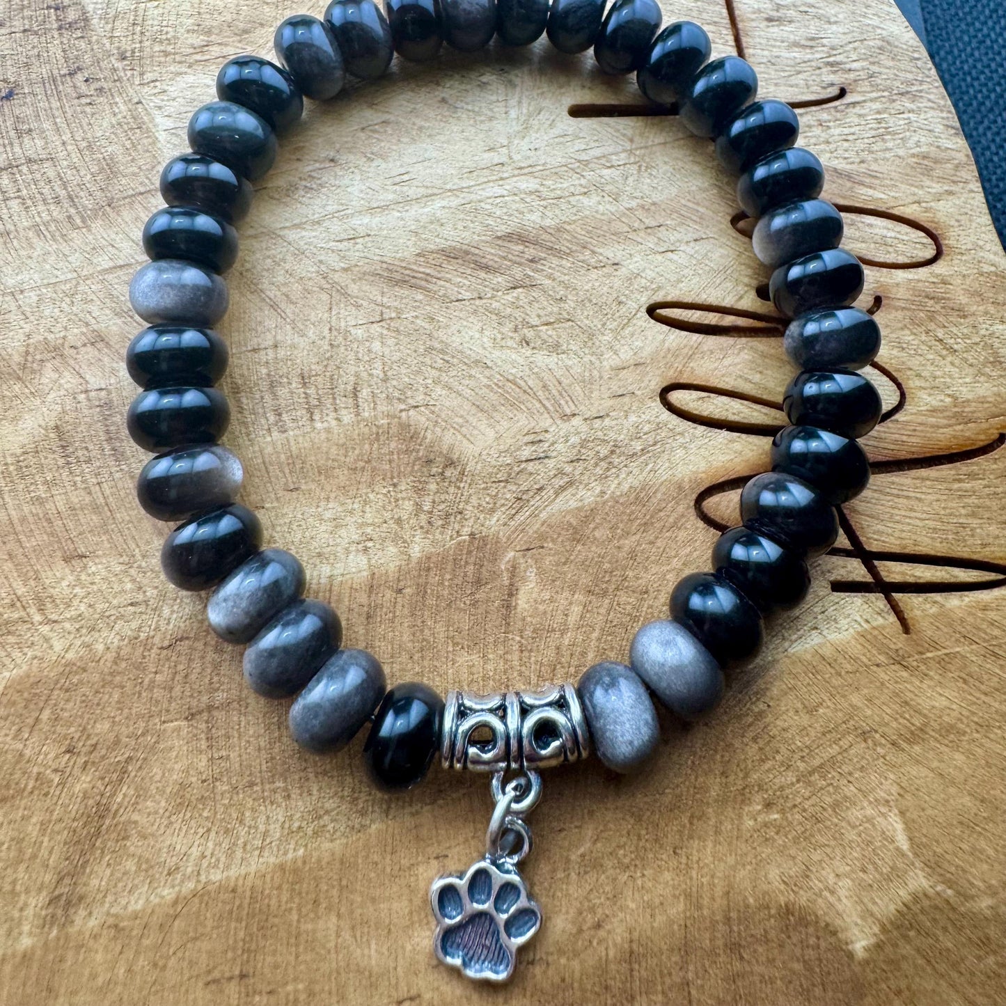 Stretch Obsidian Gemstone Bracelet with Sterling Silver Paw Print Charm, Stretch Bracelet, Pet Lover's Jewelry, Handmade Gift
