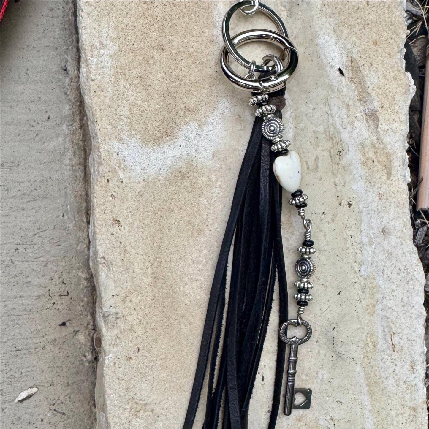 Key Charm Leather Purse Tassel with White Turquoise & Black Onyx, Whimsical Handbag Accessory, Western Accessory
