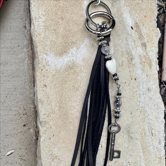 Key Charm Leather Purse Tassel with White Turquoise & Black Onyx, Whimsical Handbag Accessory, Western Accessory