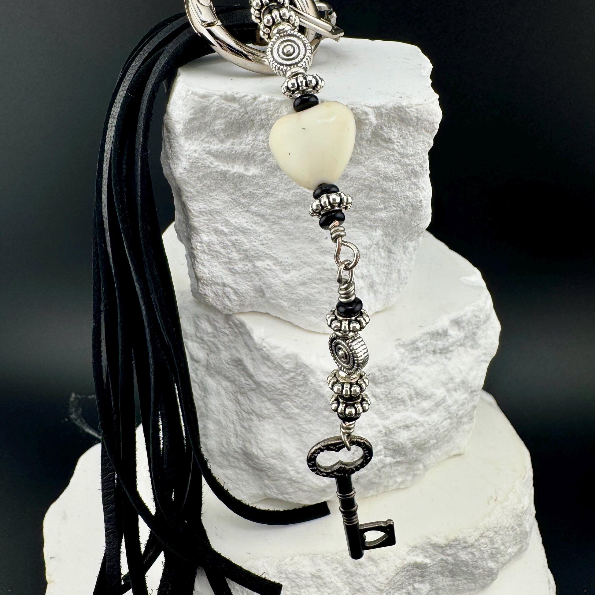 Key Charm Leather Purse Tassel with White Turquoise & Black Onyx, Whimsical Handbag Accessory, Western Accessory