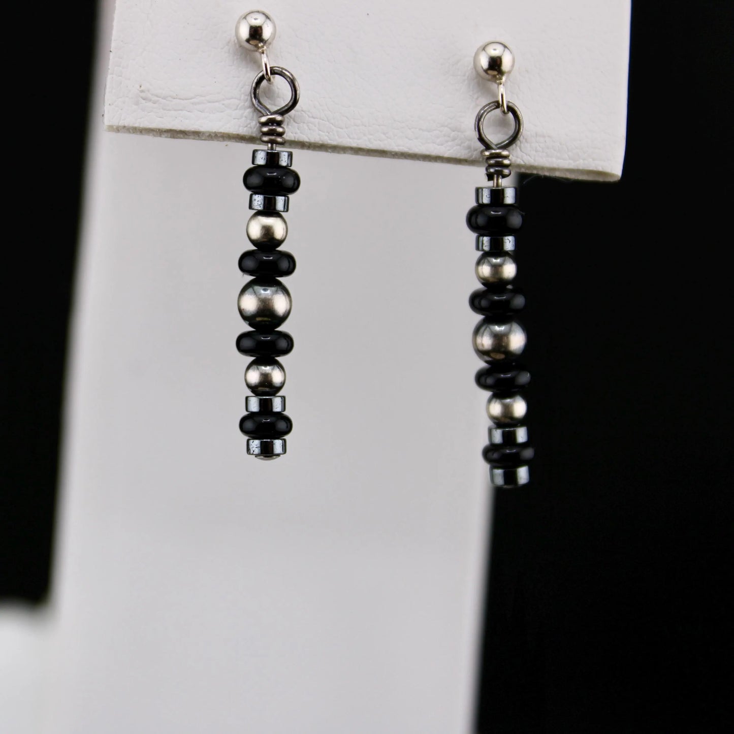 Hematite Onyx Drop Earrings, Navajo Pearl Classic Elegant Style Earrings