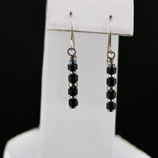 Navajo Pearl Earrings with Hematite & Onyx, Sterling Silver Gemstone Dangle Earrings