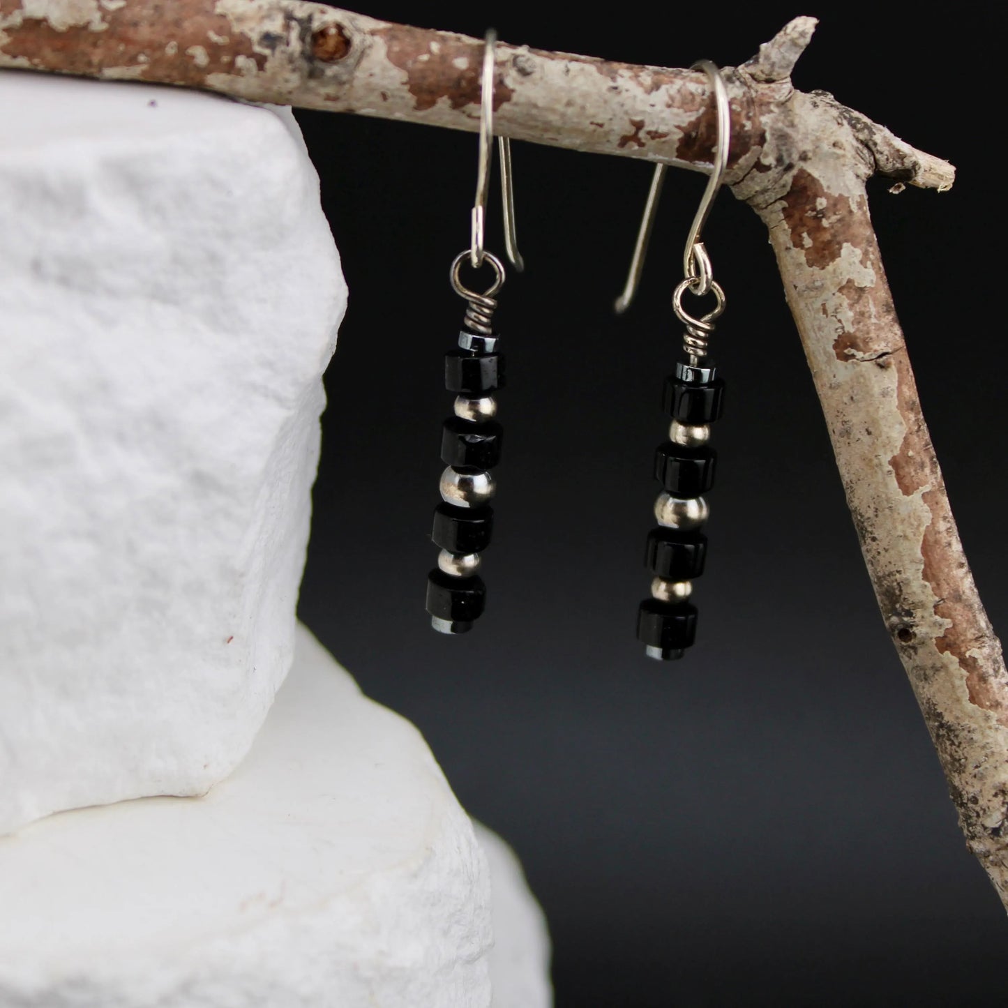 Navajo Pearl Earrings with Hematite & Onyx, Sterling Silver Gemstone Dangle Earrings