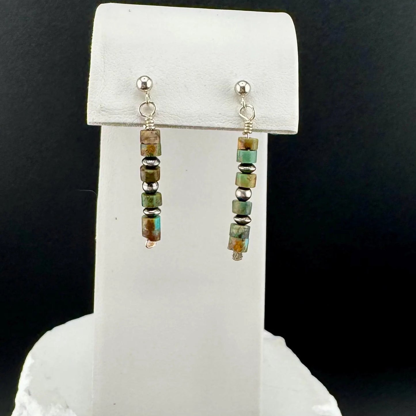 Navajo Pearls Earrings with Turquoise Gemstone, Drop Post Southwestern Style Earrings