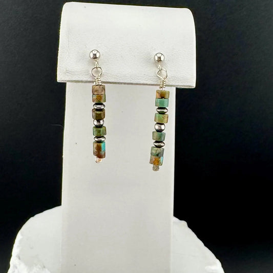 Navajo Pearls Earrings with Turquoise Gemstone, Drop Post Southwestern Style Earrings