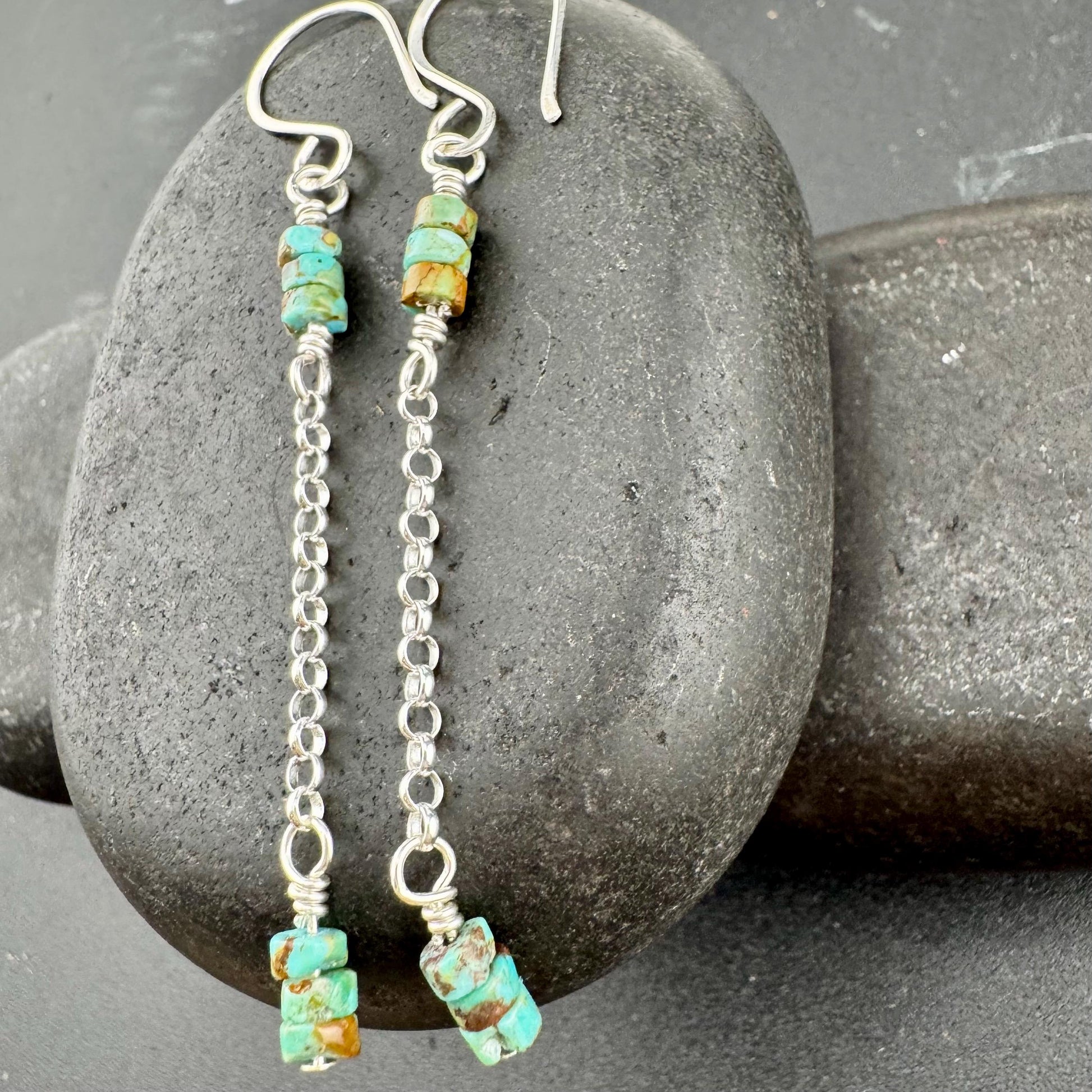 Sterling Silver Chain Dangle Earrings, Turquoise Gemstone Earrings, Boho Jewelry, Sterling Silver Earrings, Gift for Her
