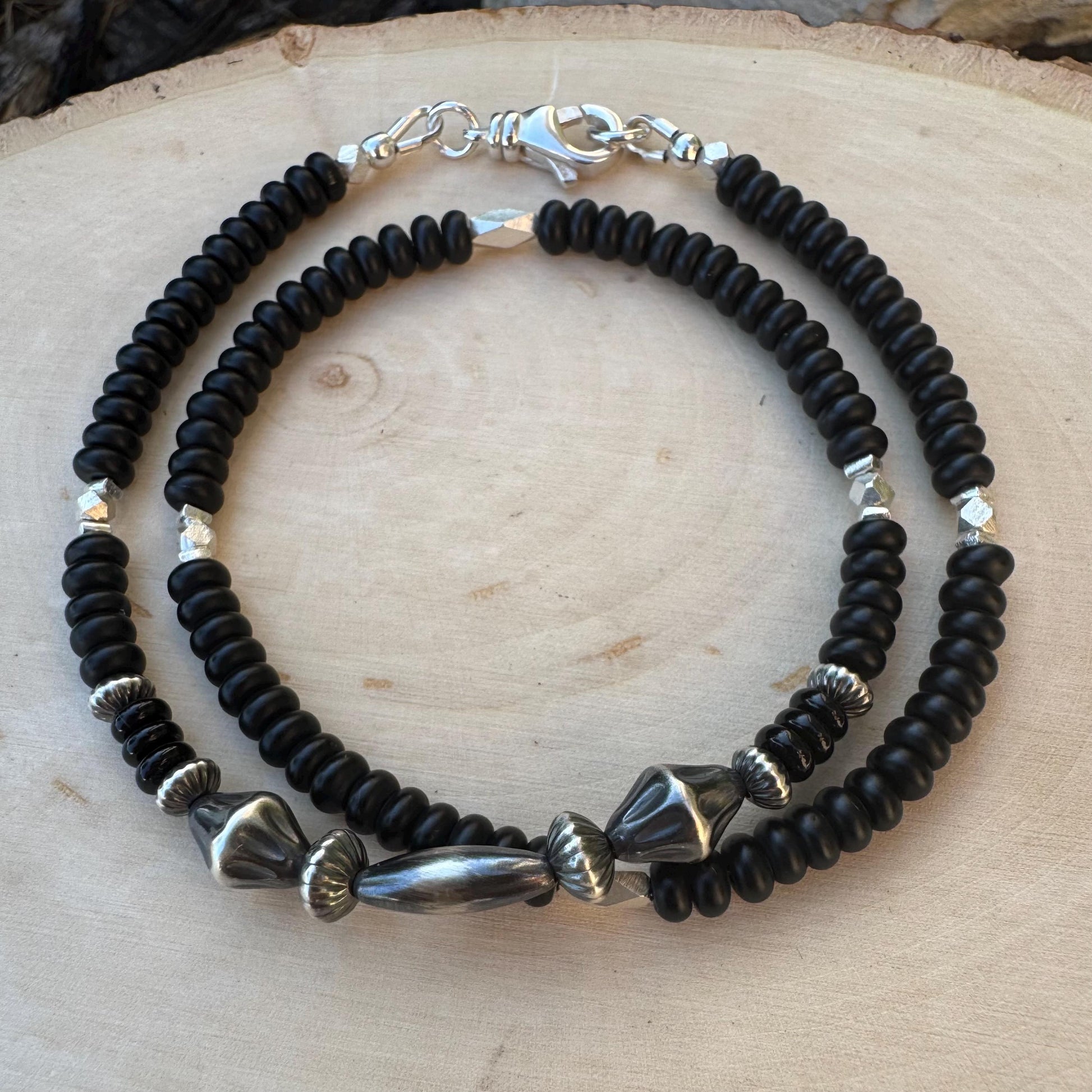 Black Onyx Navajo Pearl Double Wrap Bracelet, Sterling Silver Bracelet, Southwest Jewelry, Western Jewelry, Layered Bracelet