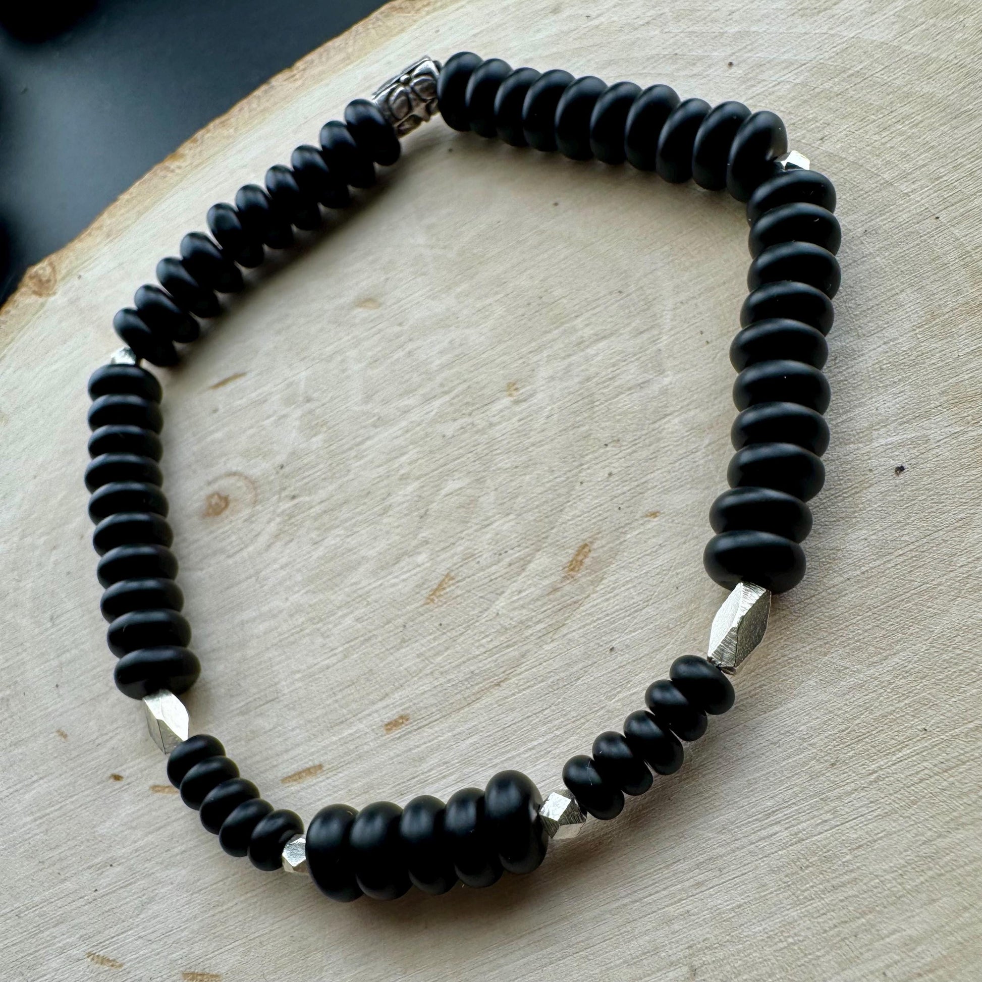 Stretch Onyx Bracelet with Sterling Silver, Stretch Bracelet, Natural Gemstone Jewelry, Handmade Bracelet