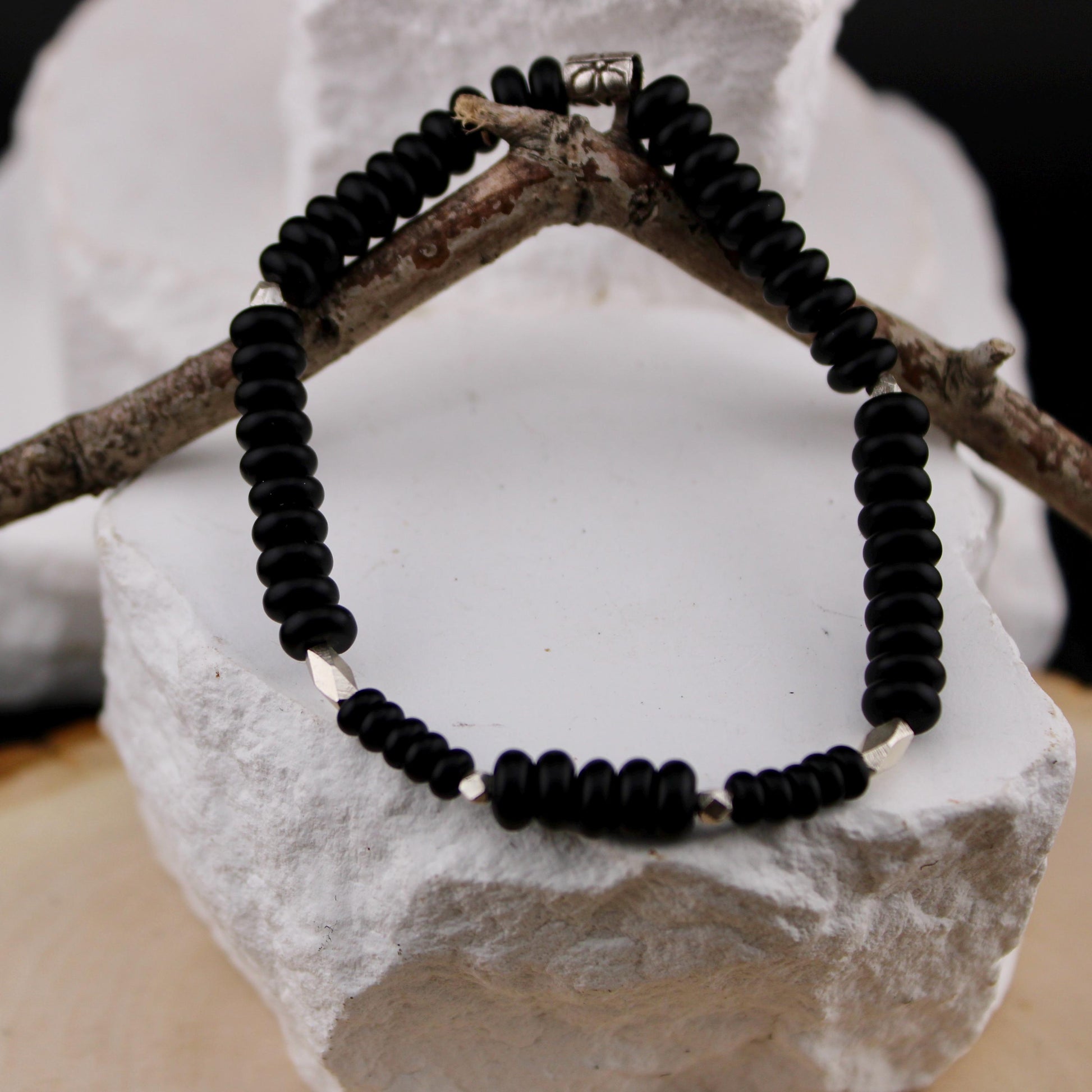 Stretch Onyx Bracelet with Sterling Silver, Stretch Bracelet, Natural Gemstone Jewelry, Handmade Bracelet