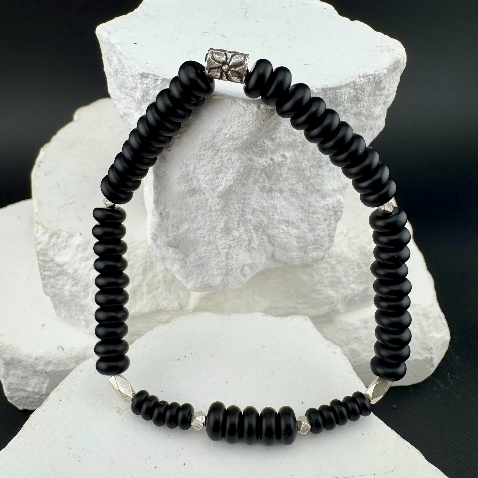 Stretch Onyx Bracelet with Sterling Silver, Stretch Bracelet, Natural Gemstone Jewelry, Handmade Bracelet