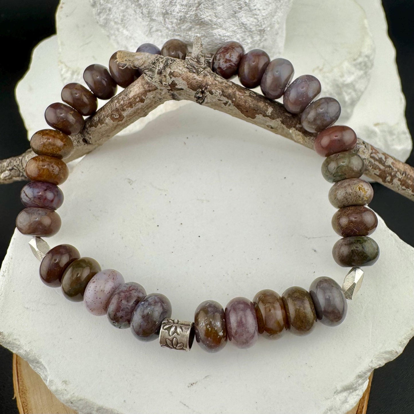 Stretch Seam Agate Gemstone Stretch Bracelet with Sterling Silver, Stretch Bracelet, Natural Gemstone Jewelry, Handmade Bracelet