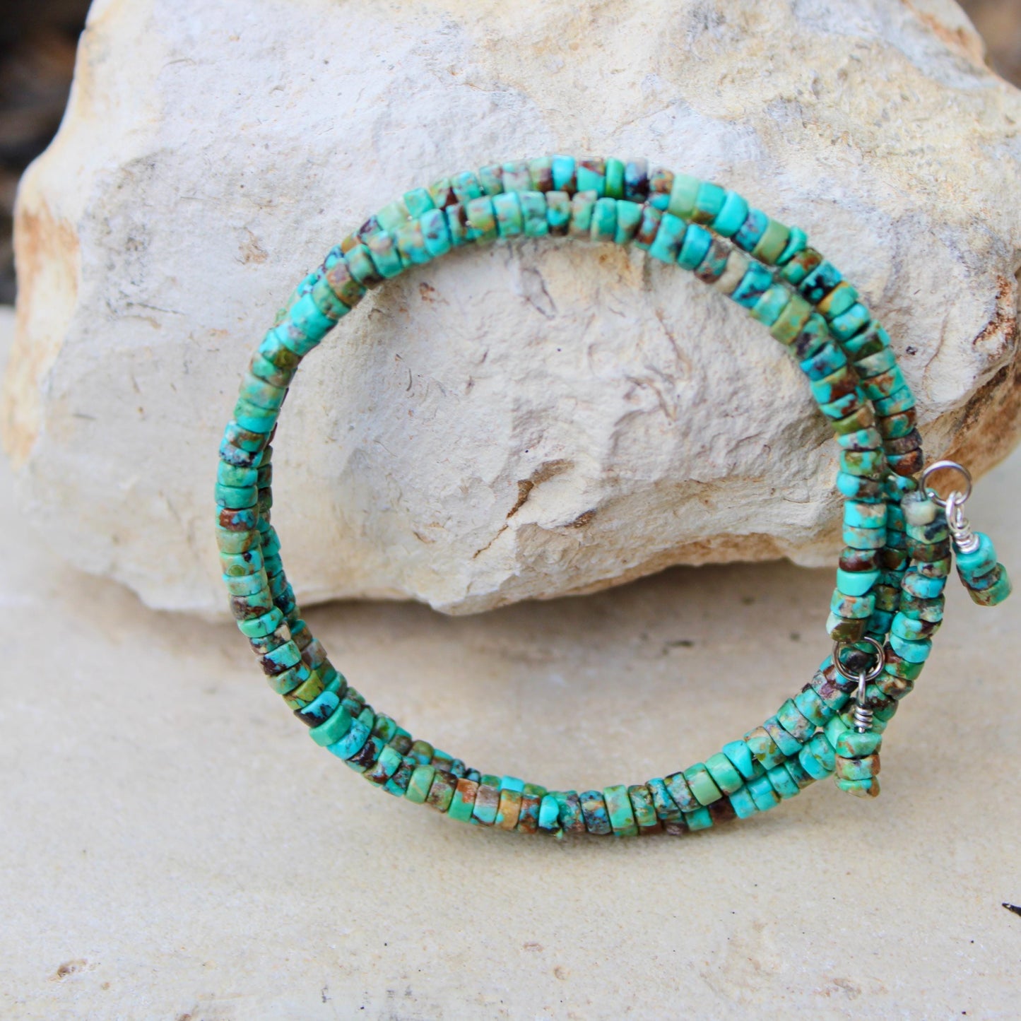 Turquoise Double Wrap Carbon Steel Memory Wire Bracelet, Sterling Feather Charm, Gemstone Jewelry, Stretch Bracelet