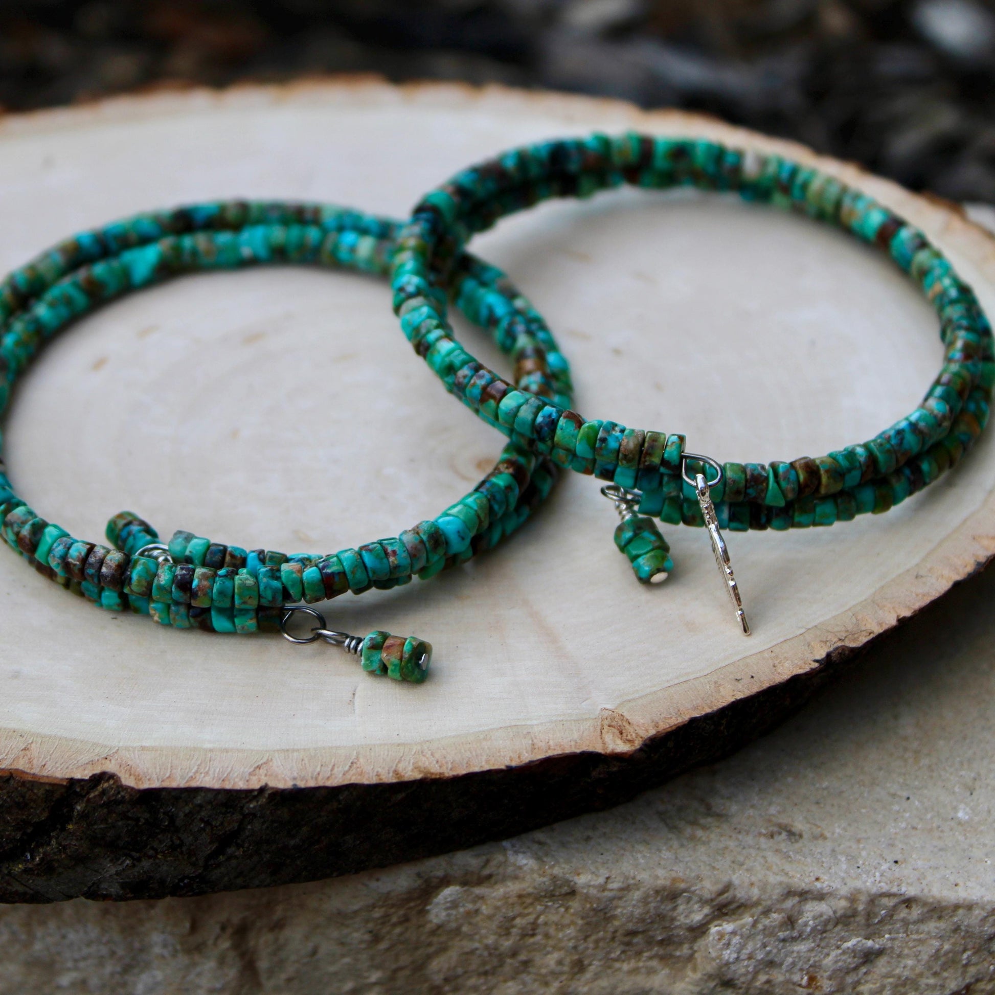 Turquoise Double Wrap Carbon Steel Memory Wire Bracelet, Sterling Feather Charm, Gemstone Jewelry, Stretch Bracelet