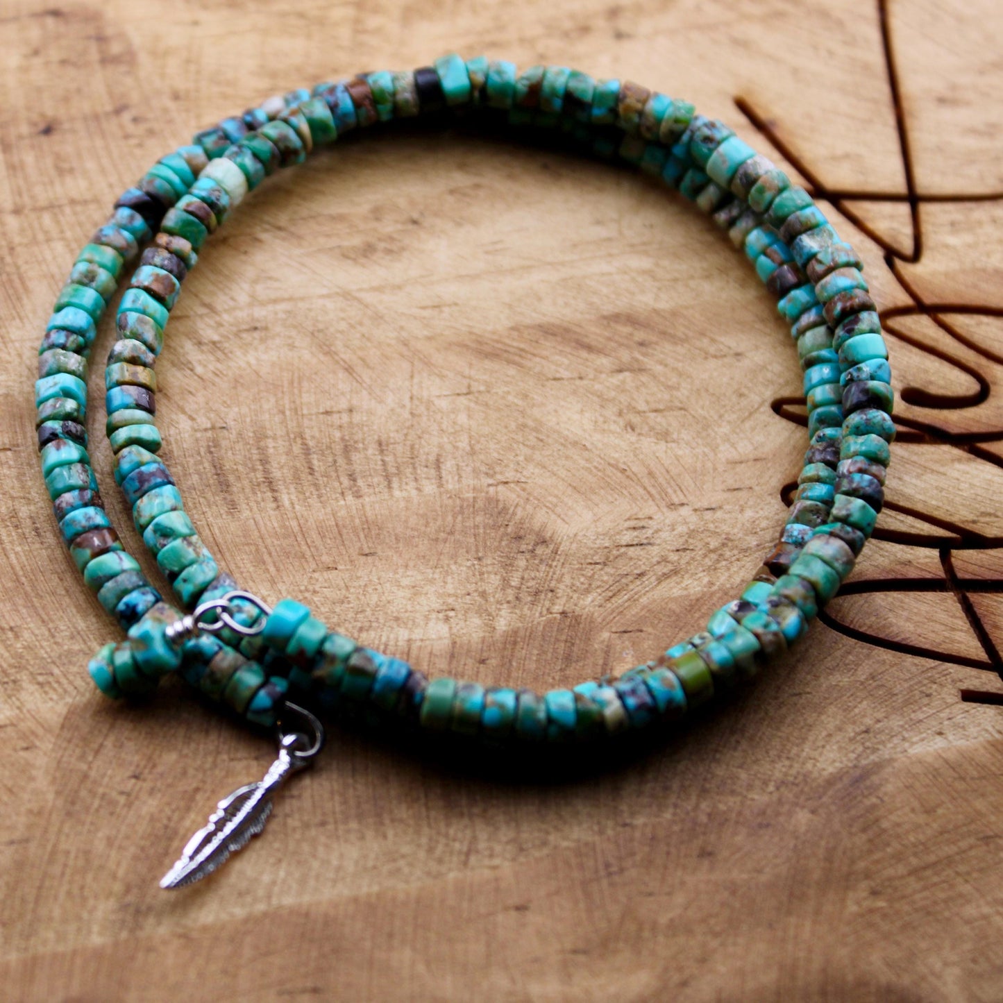 Turquoise Double Wrap Carbon Steel Memory Wire Bracelet, Sterling Feather Charm, Gemstone Jewelry, Stretch Bracelet