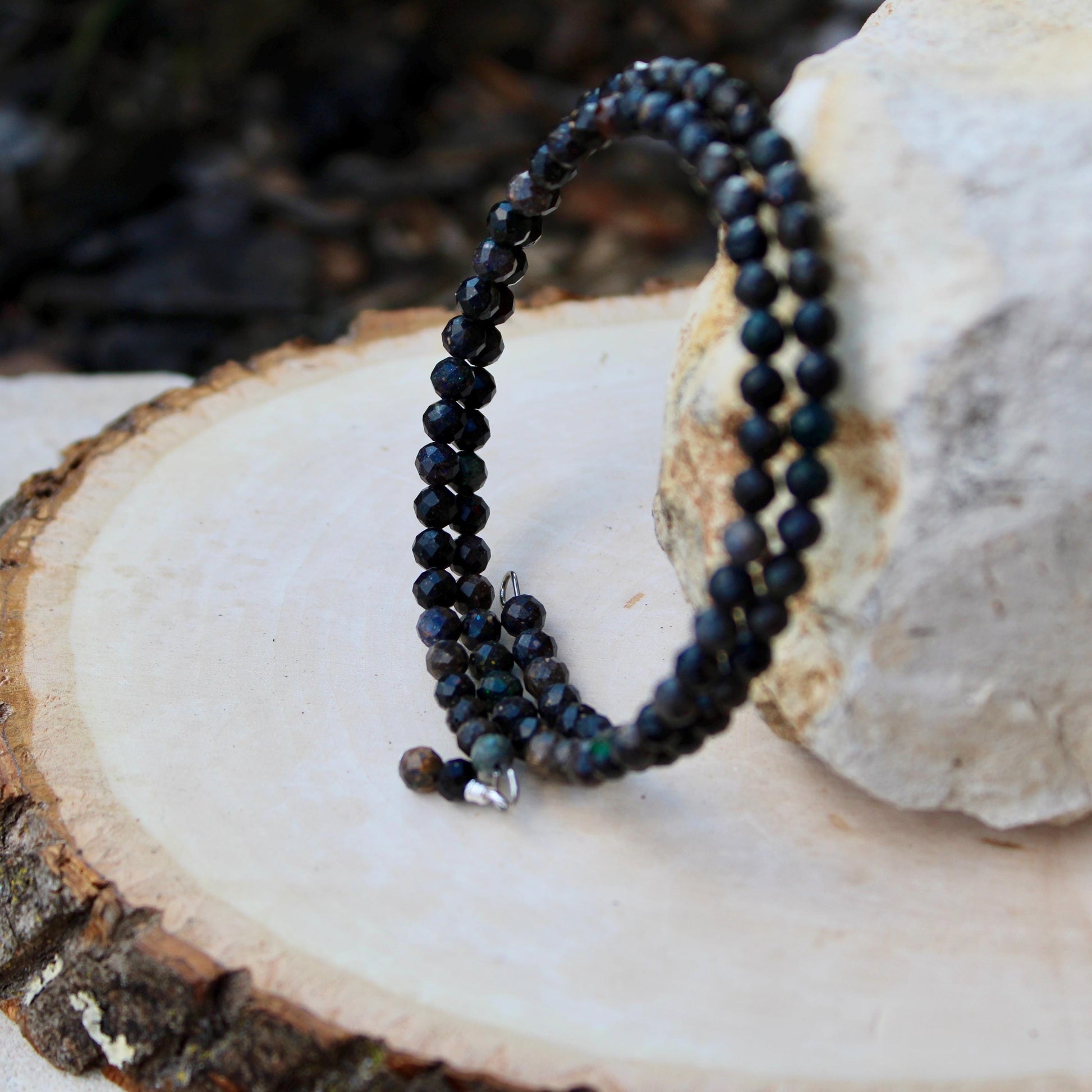 Australian Black Opal Double Wrap Carbon Steel Memory Wire Bracelet, Gemstone Jewelry, Stretch Bracelet