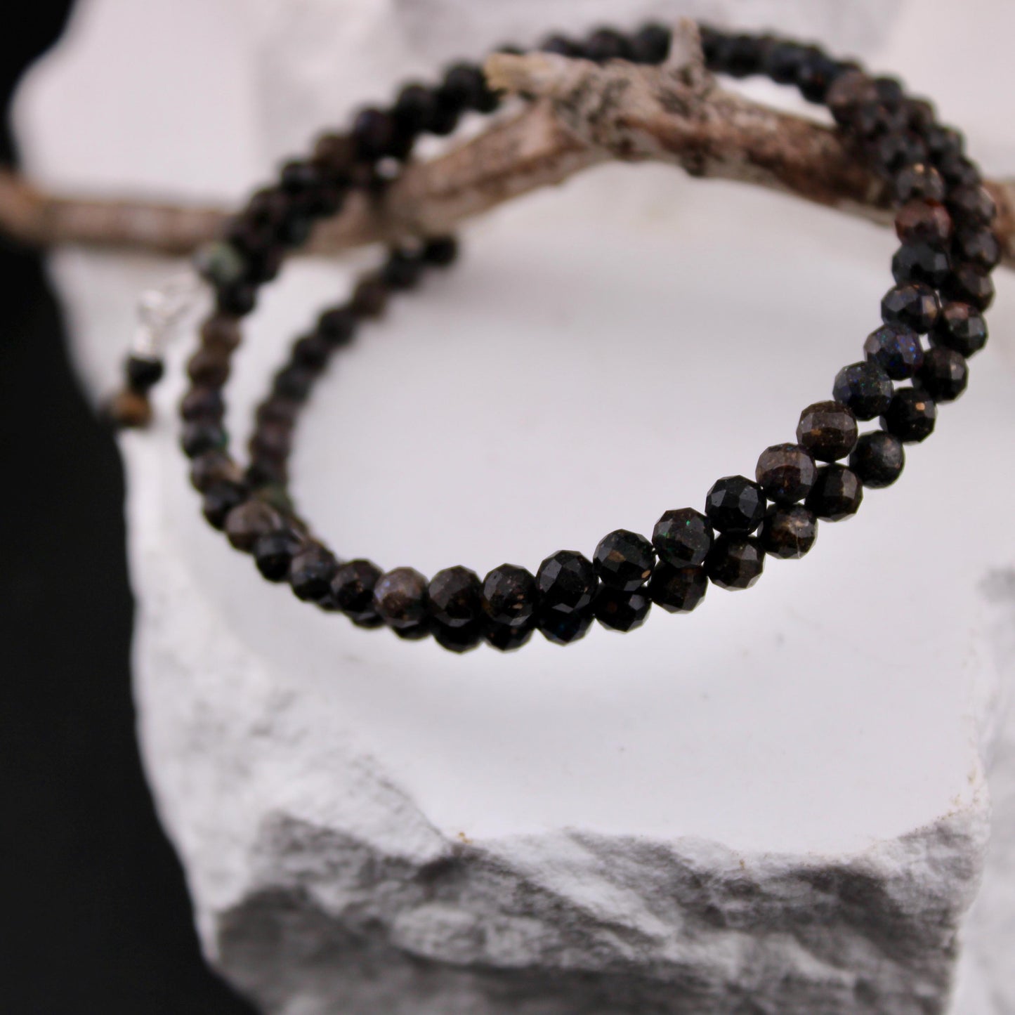 Australian Black Opal Double Wrap Carbon Steel Memory Wire Bracelet, Gemstone Jewelry, Stretch Bracelet