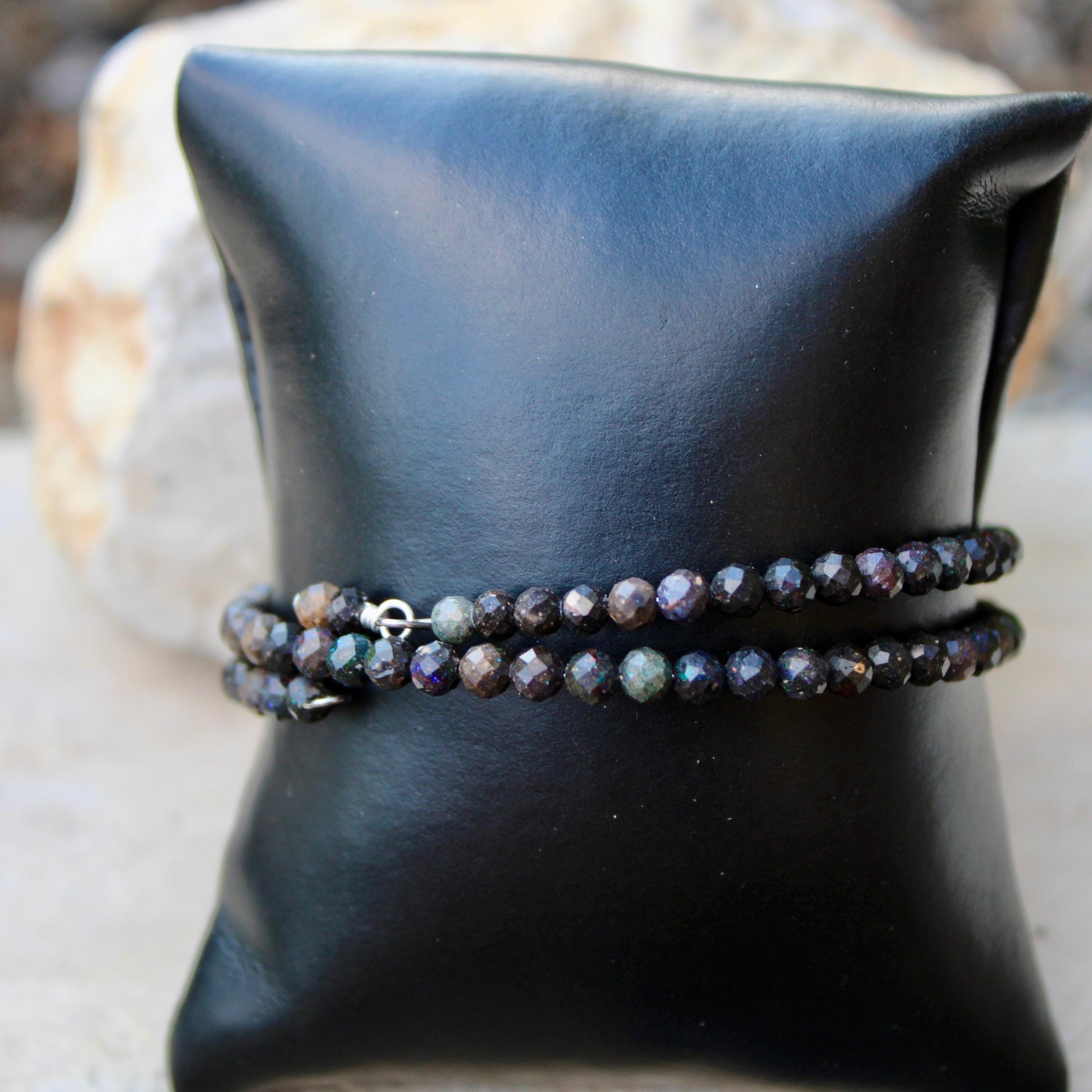 Australian Black Opal Double Wrap Carbon Steel Memory Wire Bracelet, Gemstone Jewelry, Stretch Bracelet