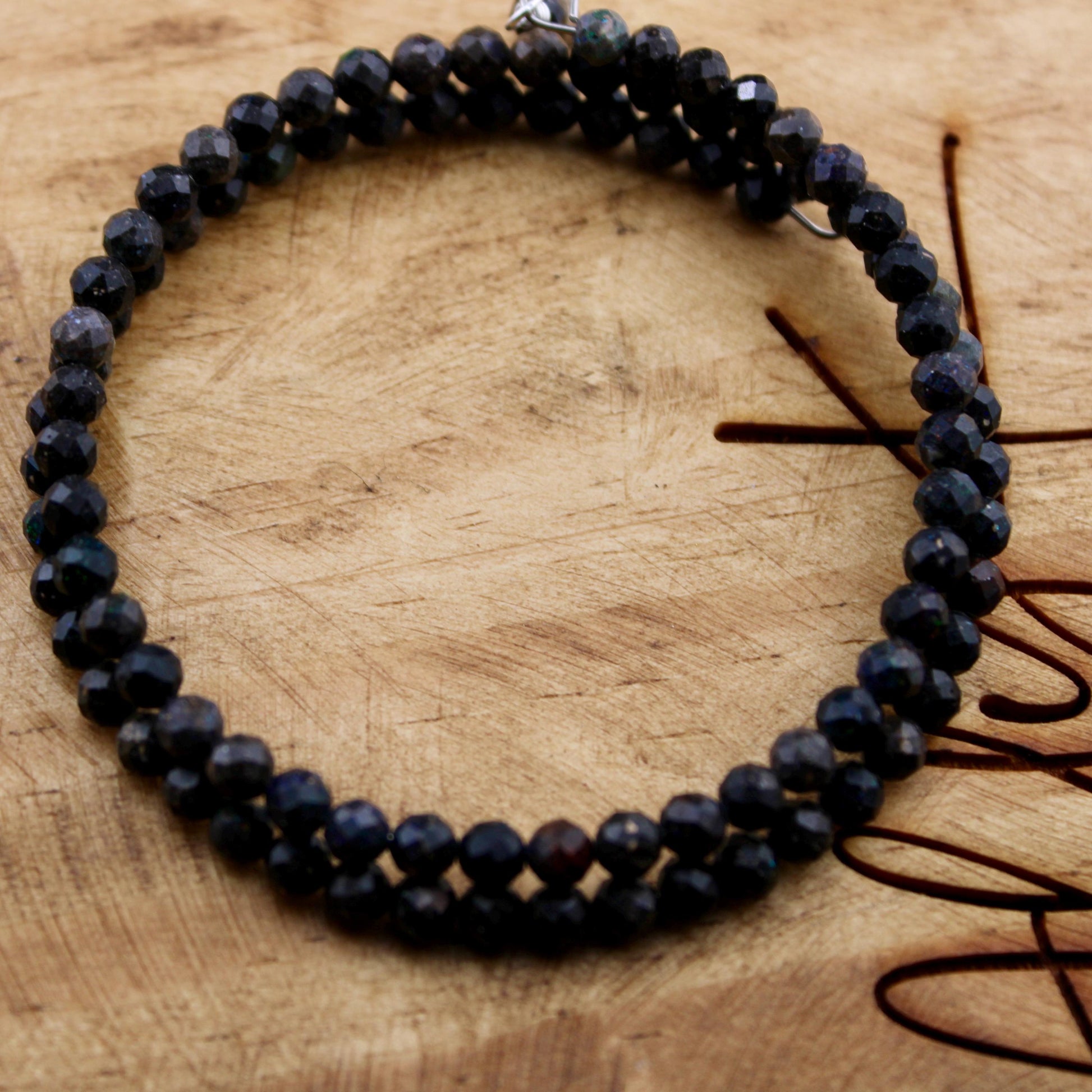 Australian Black Opal Double Wrap Carbon Steel Memory Wire Bracelet, Gemstone Jewelry, Stretch Bracelet