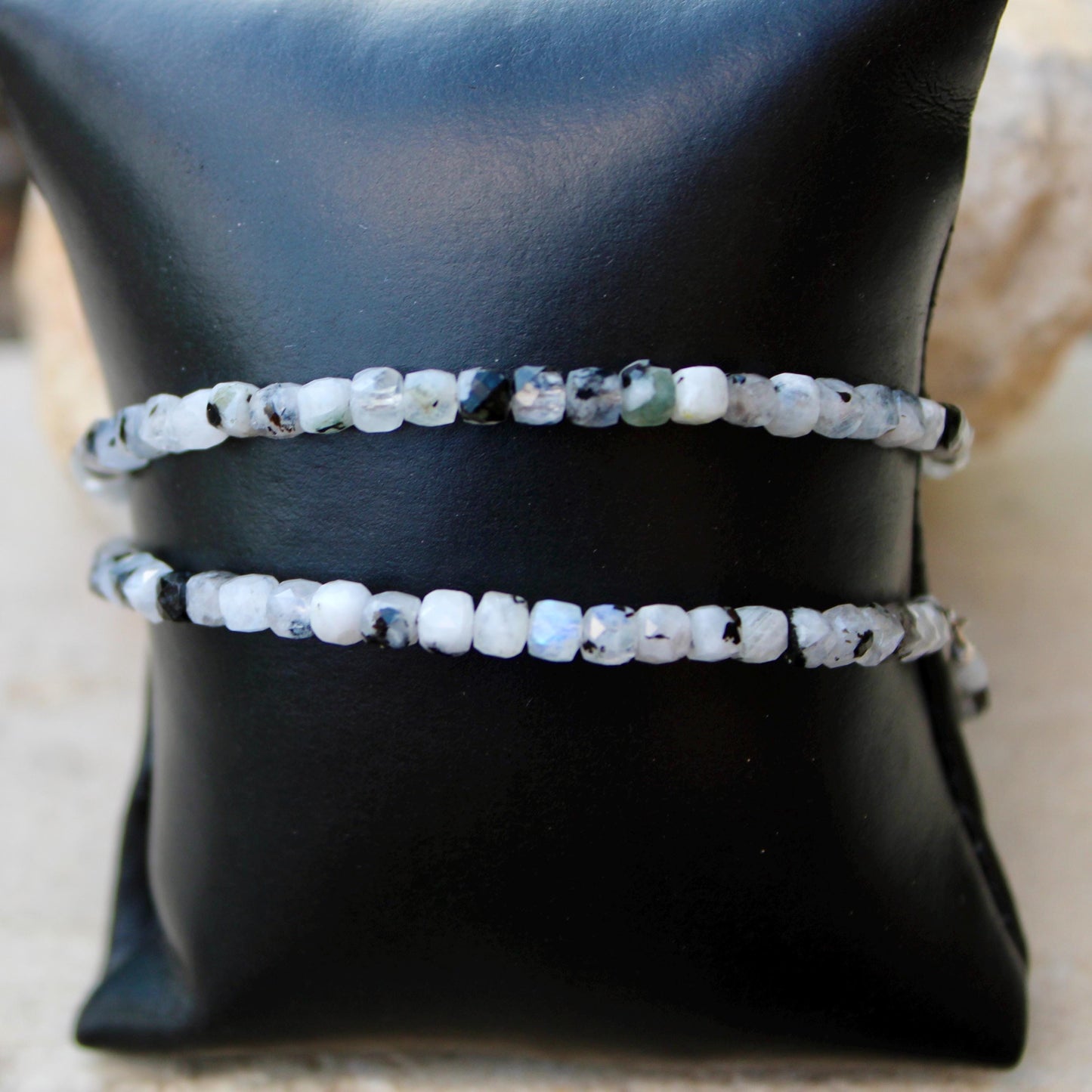 Rainbow Moonstone with Black Tourmaline Double Wrap Carbon Steel Memory Wire Bracelet, Gemstone Jewelry, Stretch Bracelet