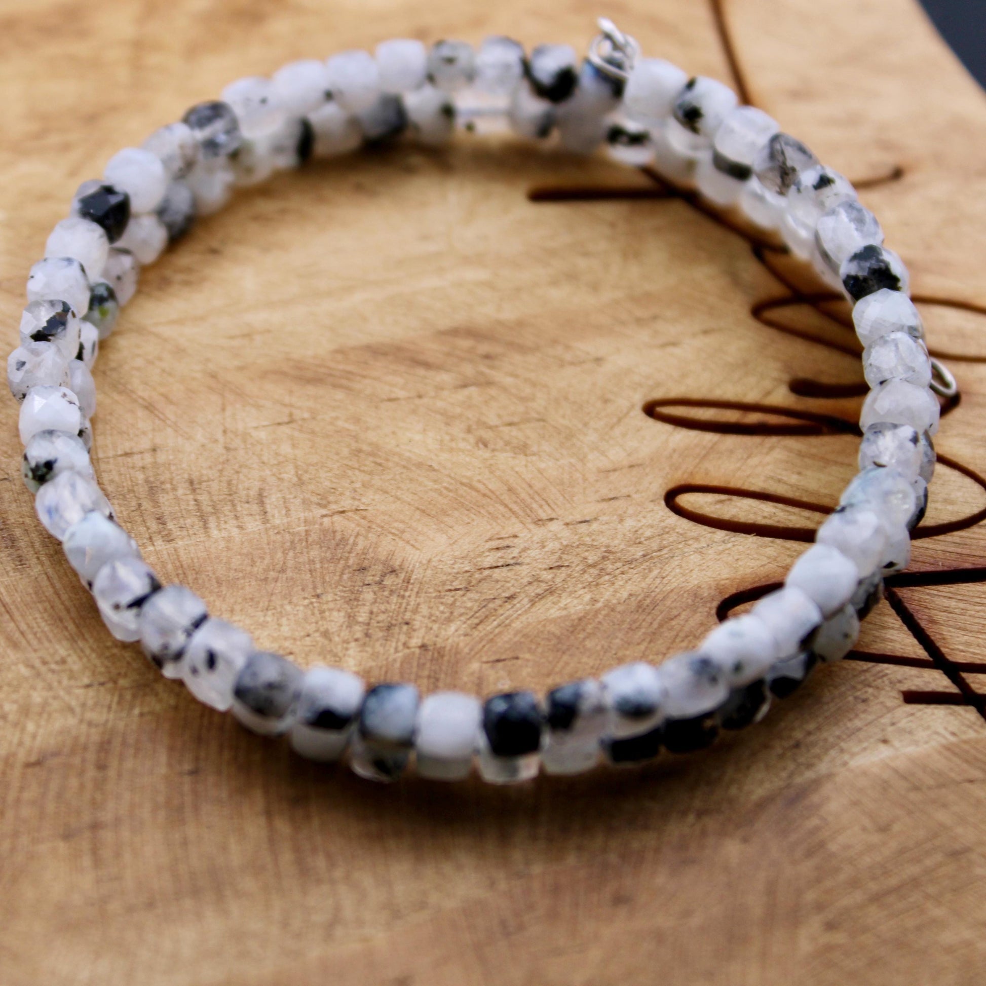 Rainbow Moonstone with Black Tourmaline Double Wrap Carbon Steel Memory Wire Bracelet, Gemstone Jewelry, Stretch Bracelet