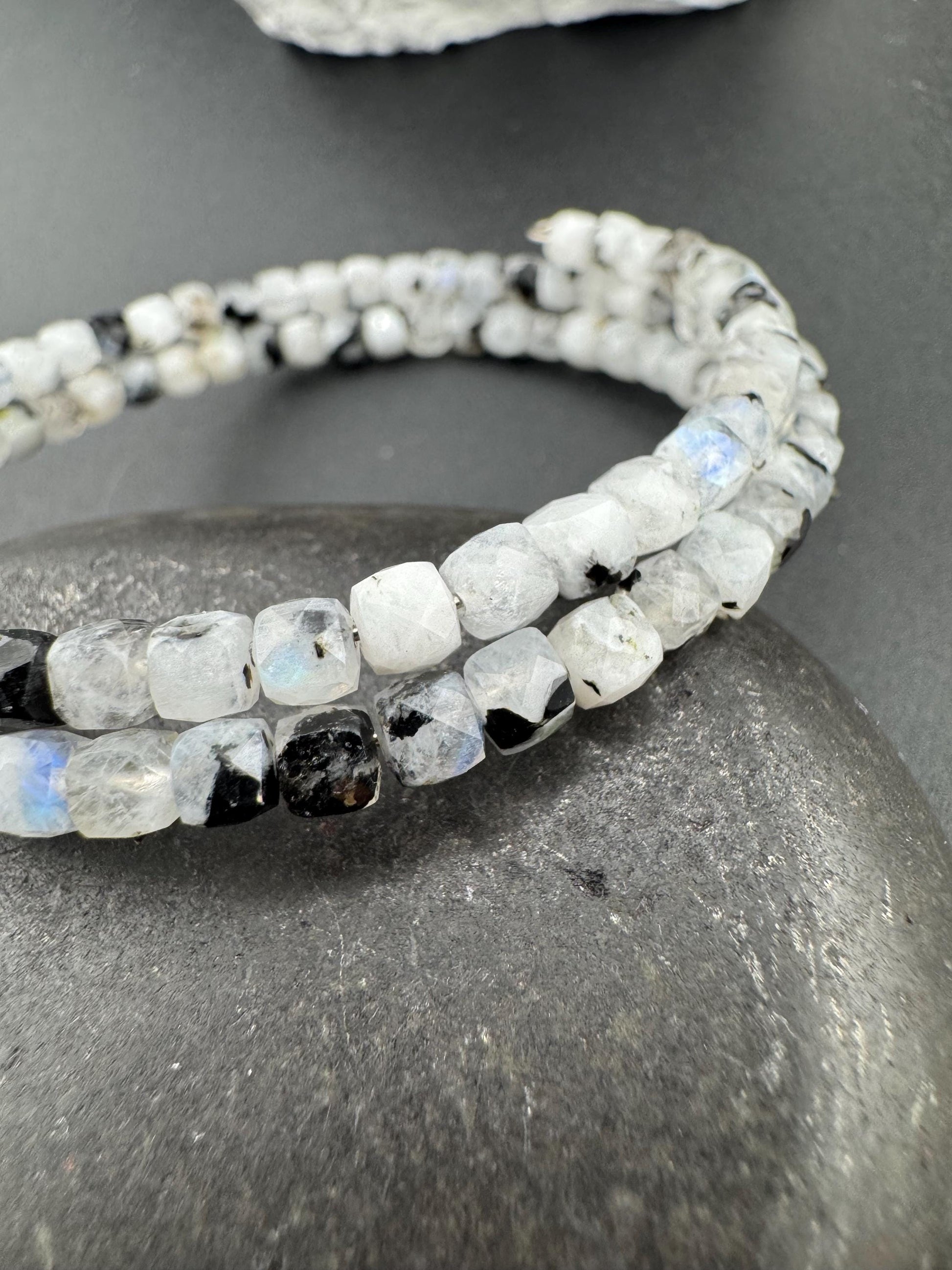 Rainbow Moonstone with Black Tourmaline Double Wrap Carbon Steel Memory Wire Bracelet, Gemstone Jewelry, Stretch Bracelet