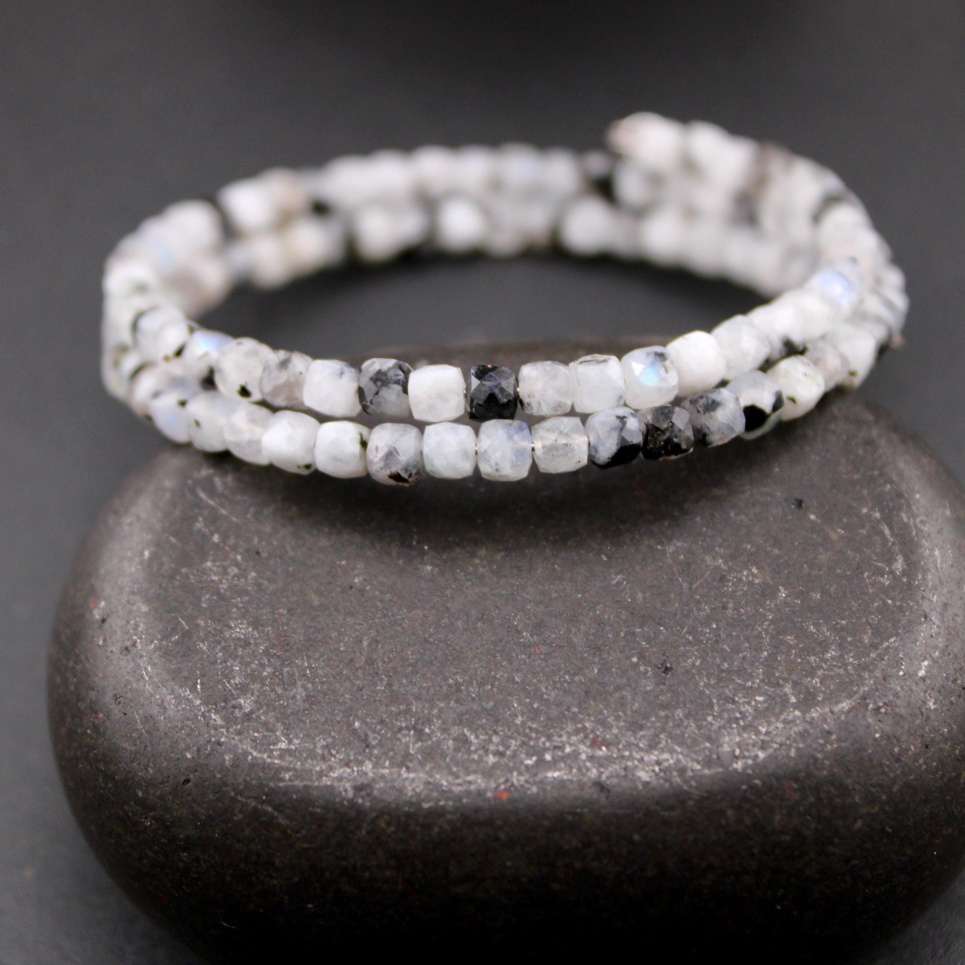 Rainbow Moonstone with Black Tourmaline Double Wrap Carbon Steel Memory Wire Bracelet, Gemstone Jewelry, Stretch Bracelet