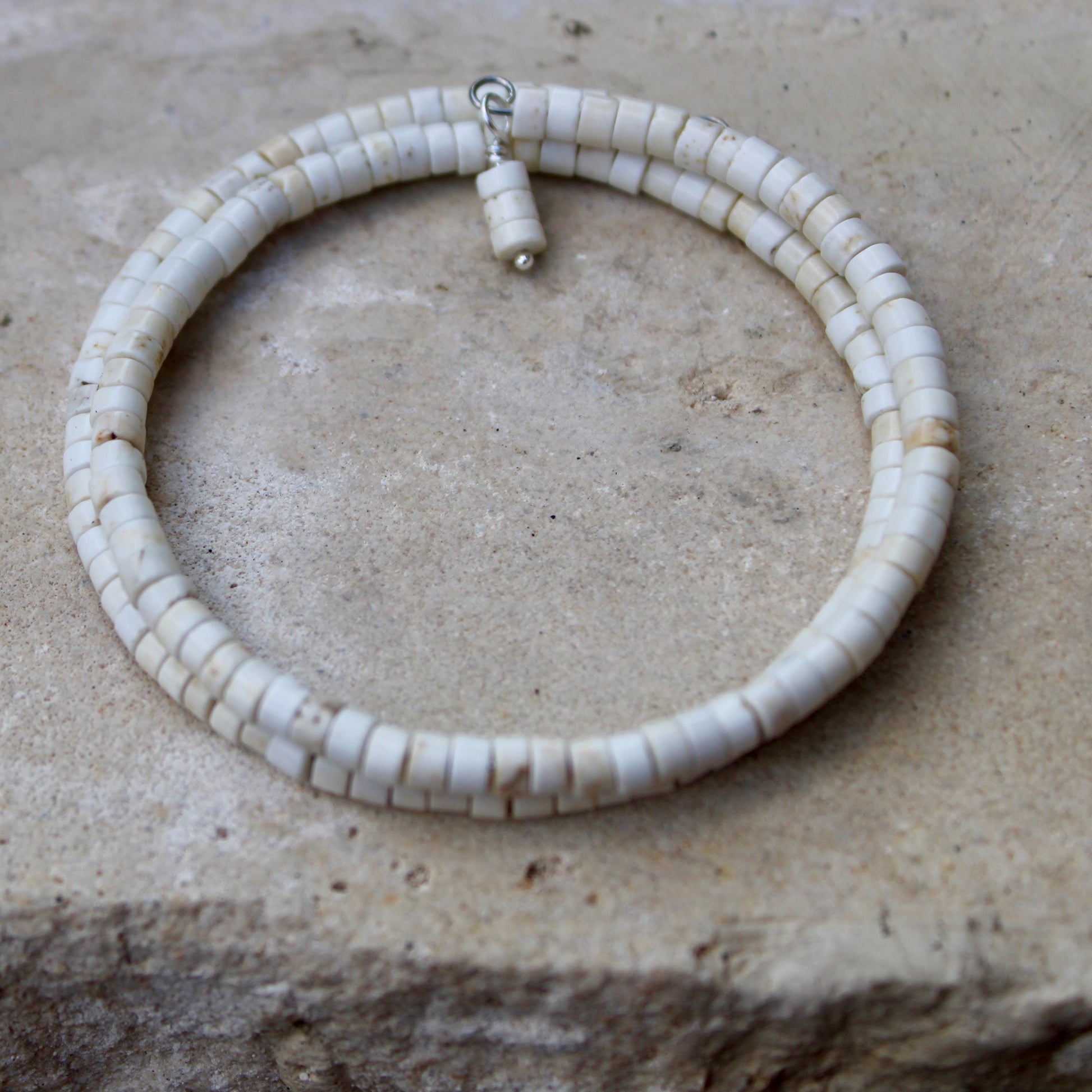 White Turquoise Double Wrap Carbon Steel Memory Wire Bracelet, Gemstone Jewelry, Stretch Bracelet