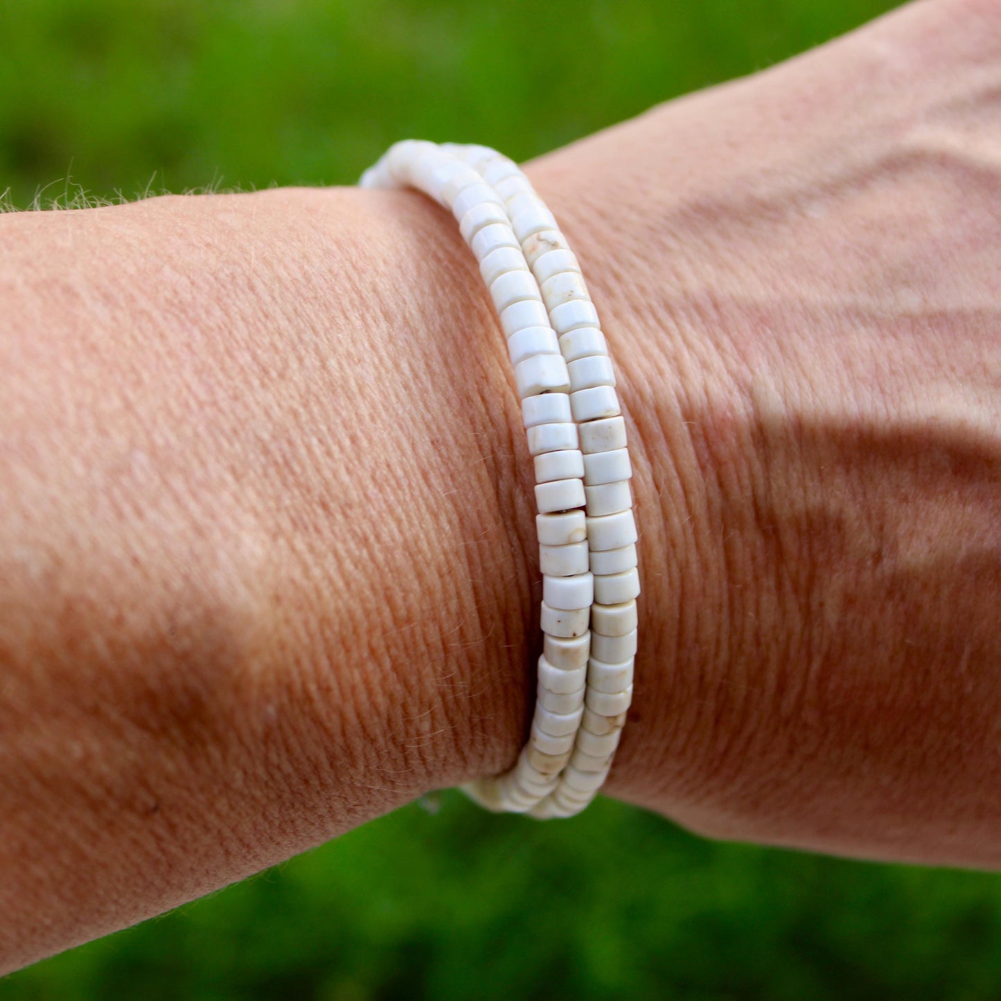 White Turquoise Double Wrap Carbon Steel Memory Wire Bracelet, Gemstone Jewelry, Stretch Bracelet