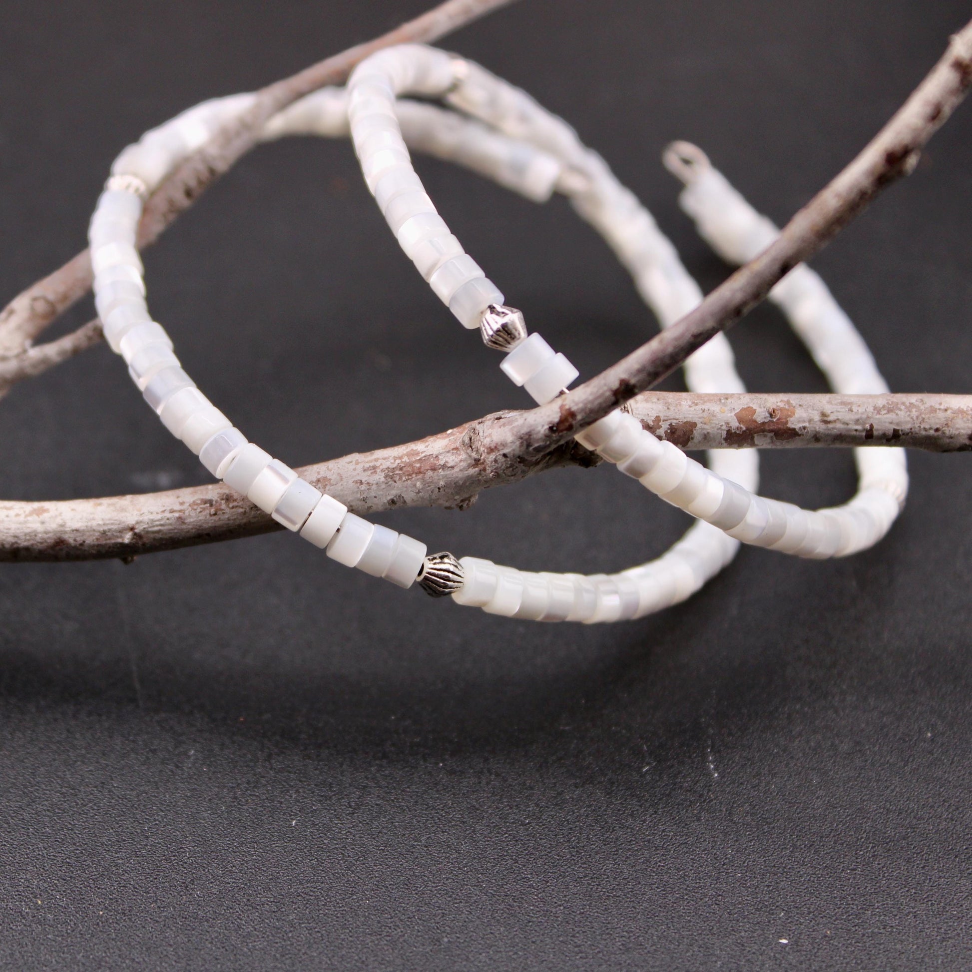 Mother of Pearl Bracelet, Double Wrap Carbon Steel Memory Wire Bracelet, Gemstone Charm Bracelet, Stretch Bracelet