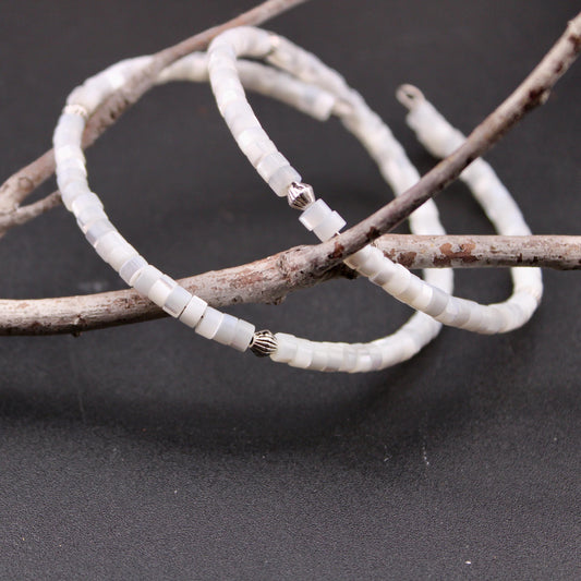Mother of Pearl Bracelet, Double Wrap Carbon Steel Memory Wire Bracelet, Gemstone Charm Bracelet, Stretch Bracelet