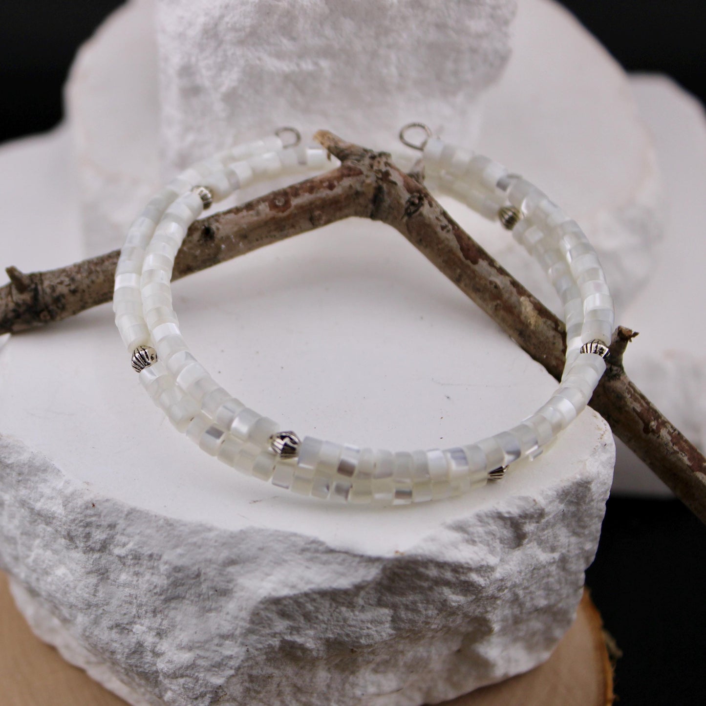 Mother of Pearl Bracelet, Double Wrap Carbon Steel Memory Wire Bracelet, Gemstone Charm Bracelet, Stretch Bracelet