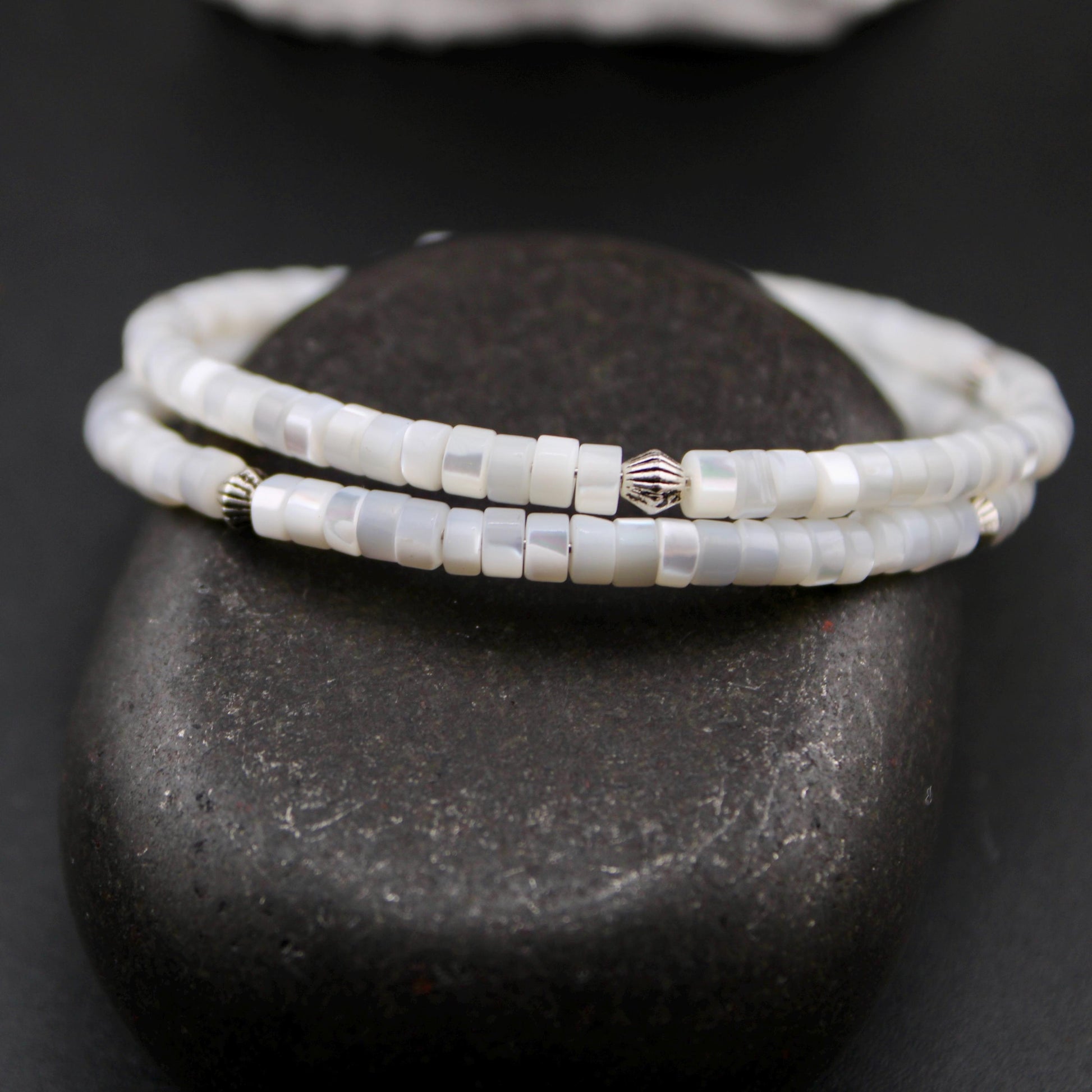 Mother of Pearl Bracelet, Double Wrap Carbon Steel Memory Wire Bracelet, Gemstone Charm Bracelet, Stretch Bracelet