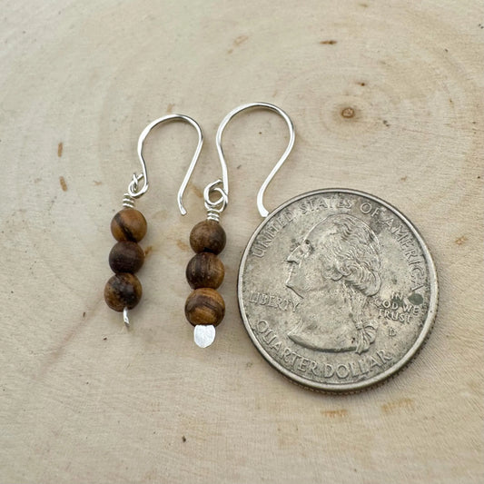 Sandalwood Tiger Skin Silver Earrings, Natural Gemstone Dangles, Sterling Silver Jewelry,